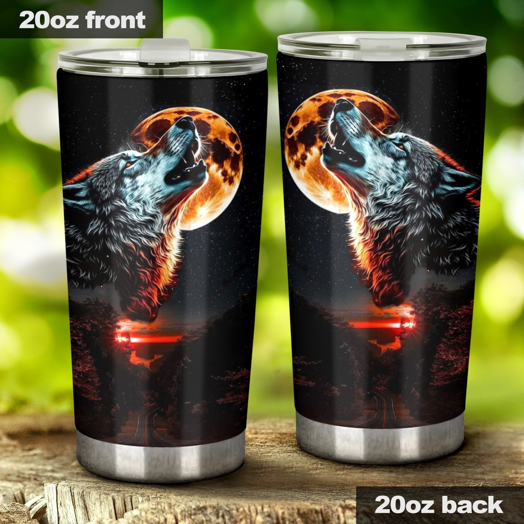 Wolf Howling Moon Tumbler Wolf Lovers Coffee Tumbler Gifts For Husband - Image 2