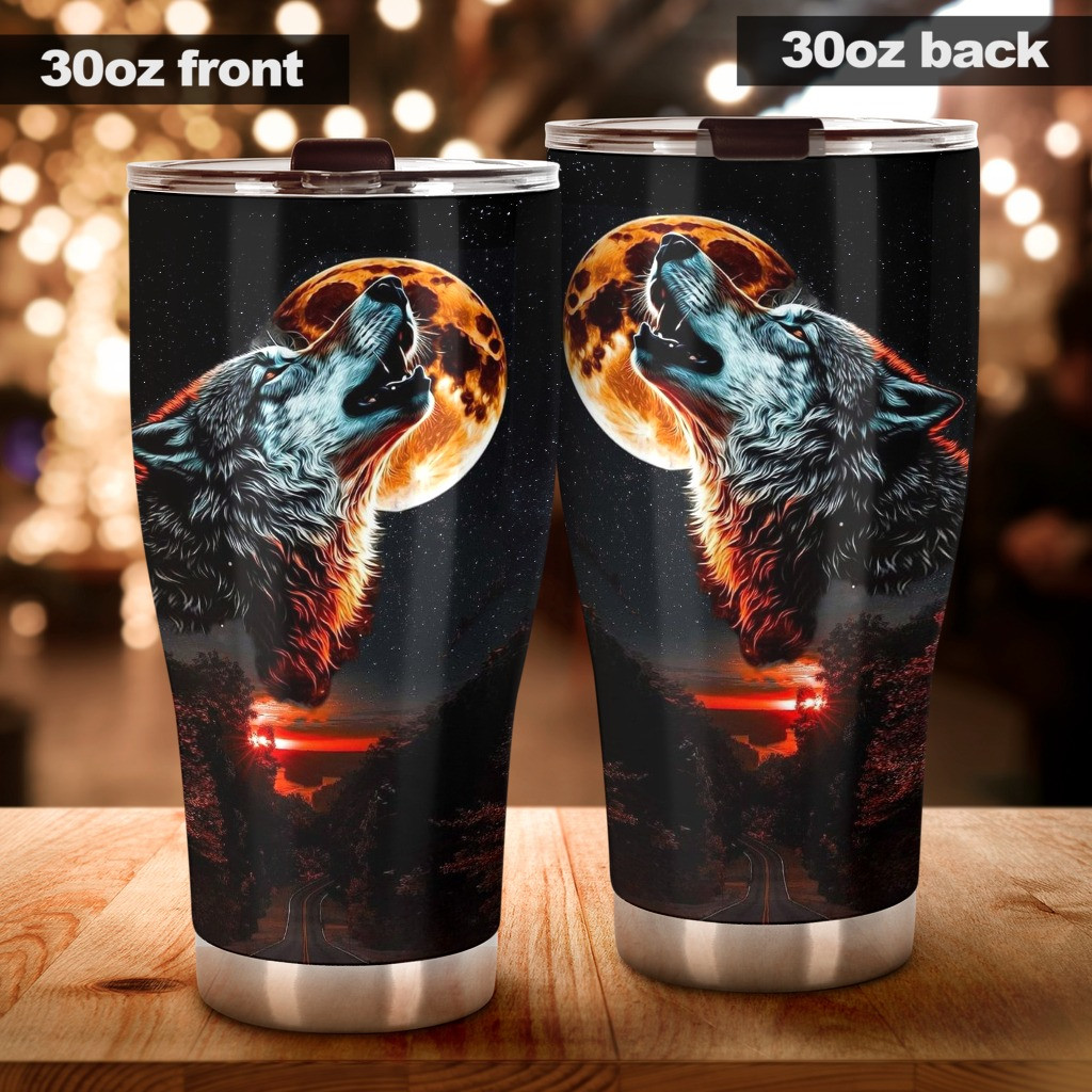 Wolf Howling Moon Tumbler Wolf Lovers Coffee Tumbler Gifts For Husband - Image 3