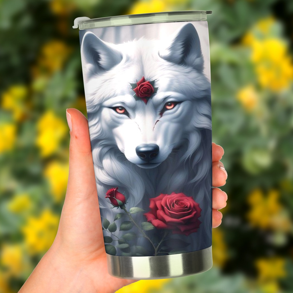 Wolf White Rose Tumbler Wolf Lovers Coffee Tumbler Gifts For Boyfriend - Image 5