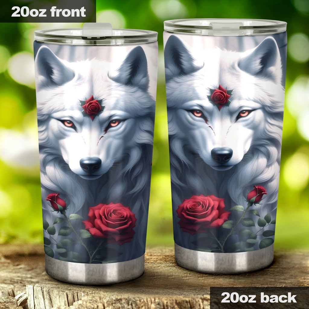 Wolf White Rose Tumbler Wolf Lovers Coffee Tumbler Gifts For Boyfriend - Image 3