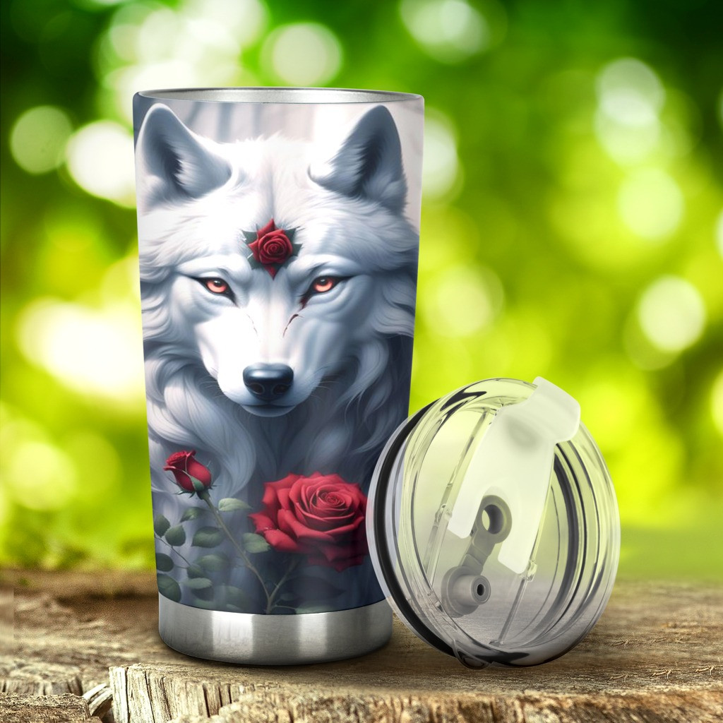 Wolf White Rose Tumbler Wolf Lovers Coffee Tumbler Gifts For Boyfriend