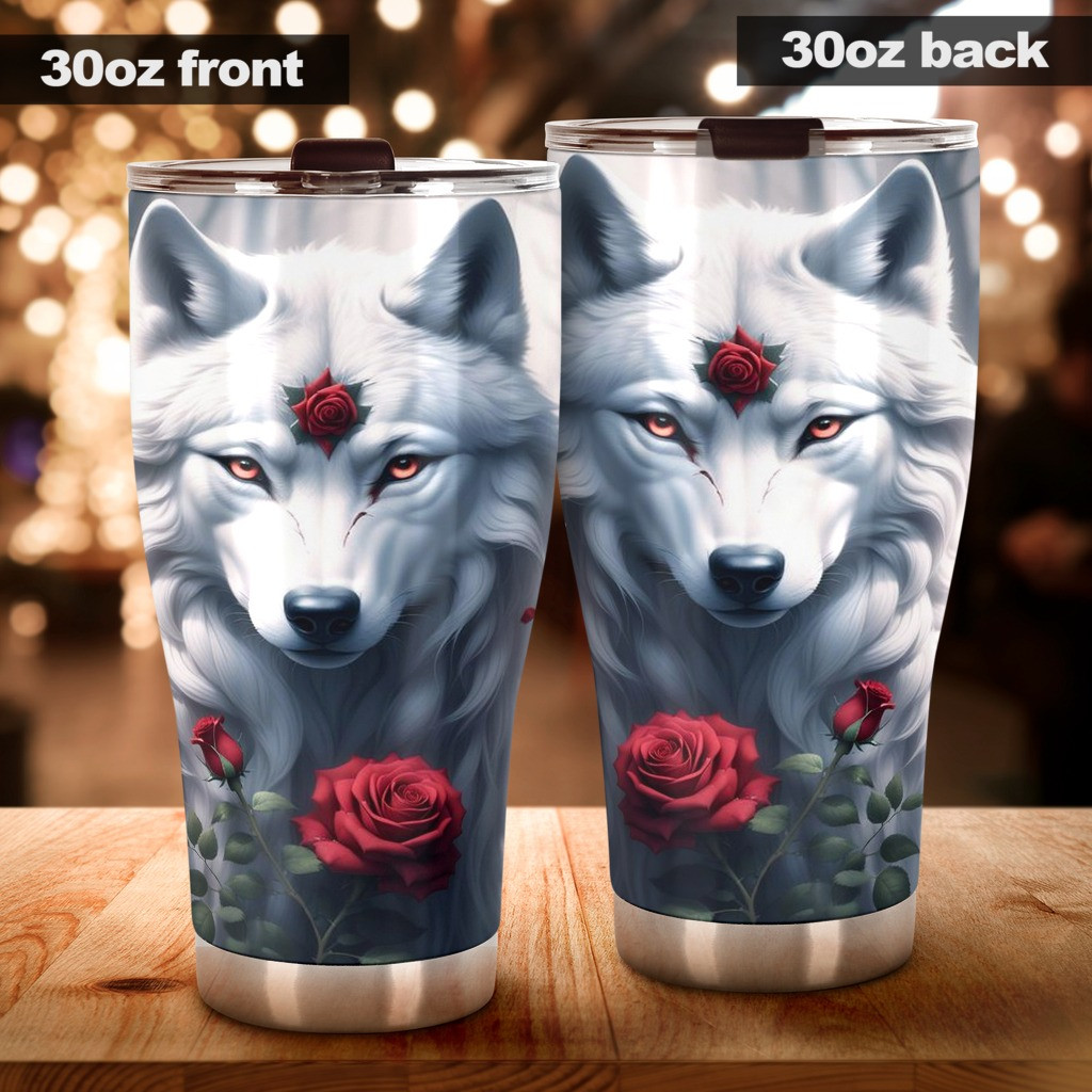 Wolf White Rose Tumbler Wolf Lovers Coffee Tumbler Gifts For Boyfriend - Image 4