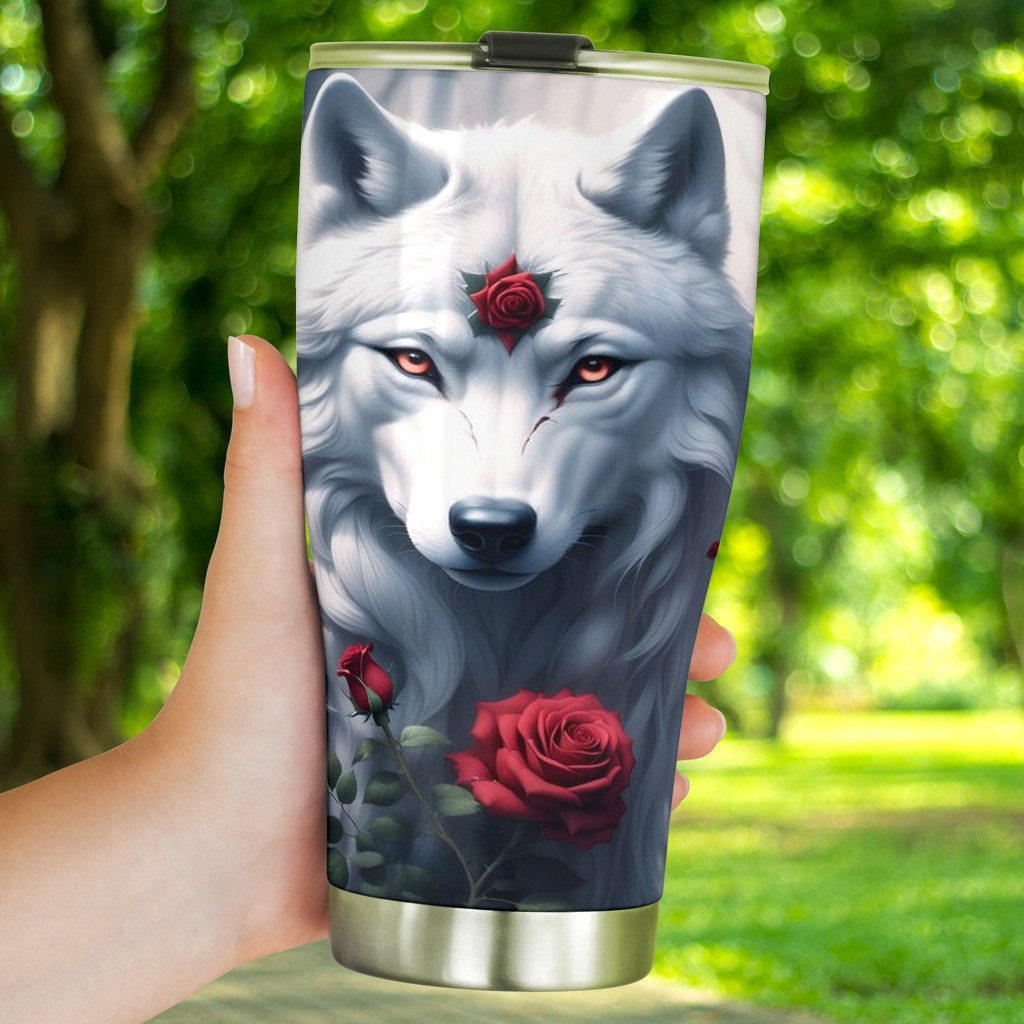 Wolf White Rose Tumbler Wolf Lovers Coffee Tumbler Gifts For Boyfriend - Image 6