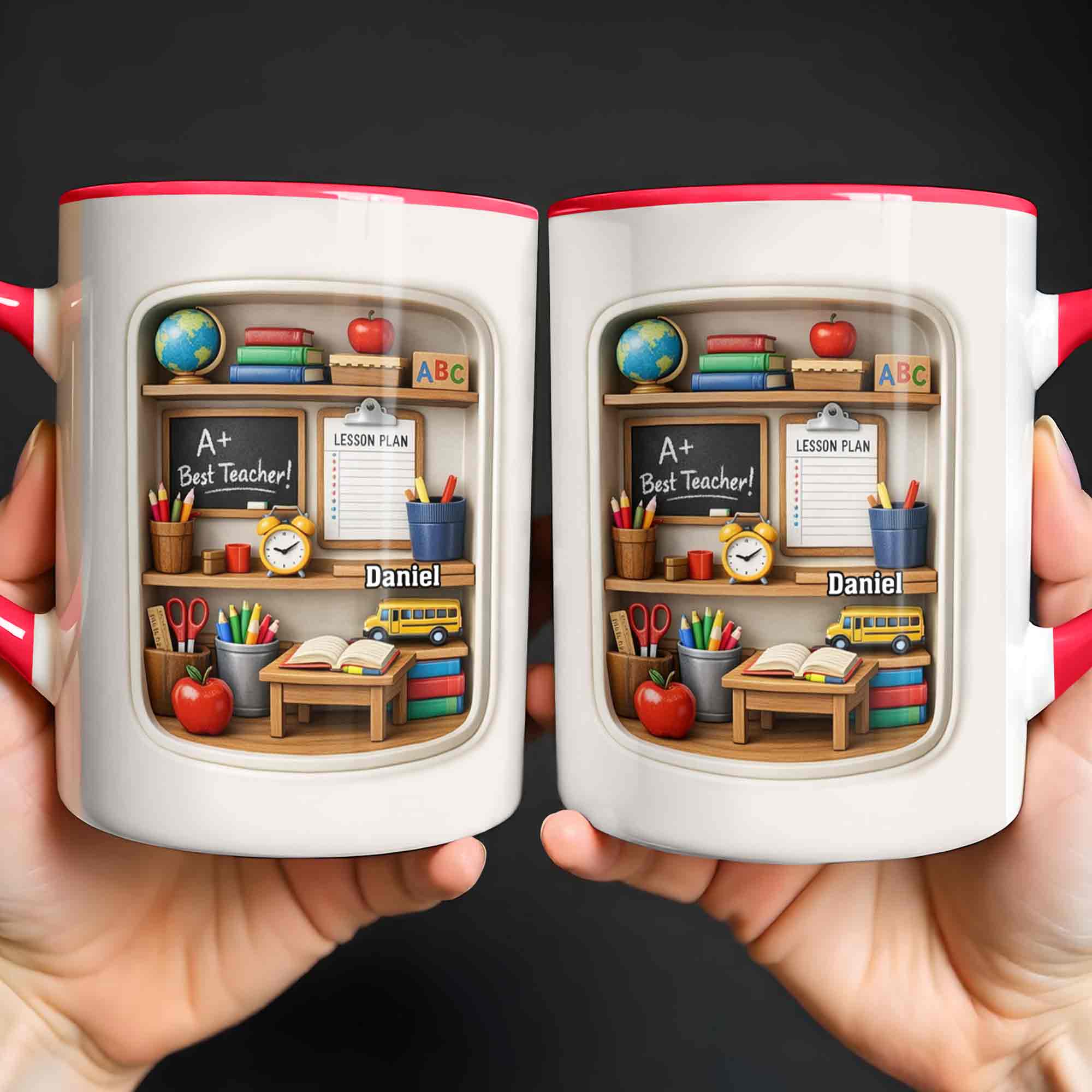 Personalized Best Teacher Bookshelf With Apple And School Bus Accent Mug Teacher Gifts - Image 4