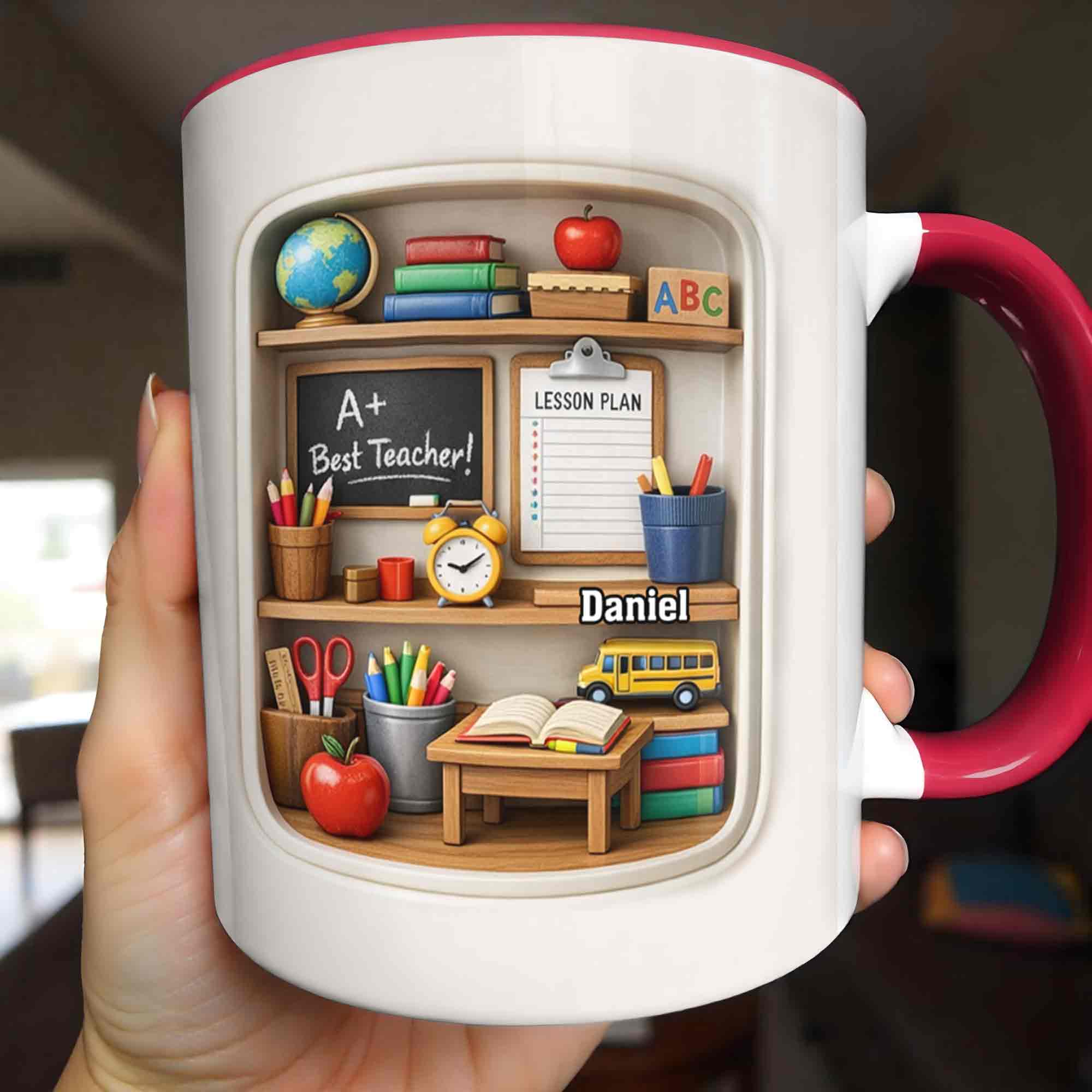 Personalized Best Teacher Bookshelf With Apple And School Bus Accent Mug Teacher Gifts - Image 2