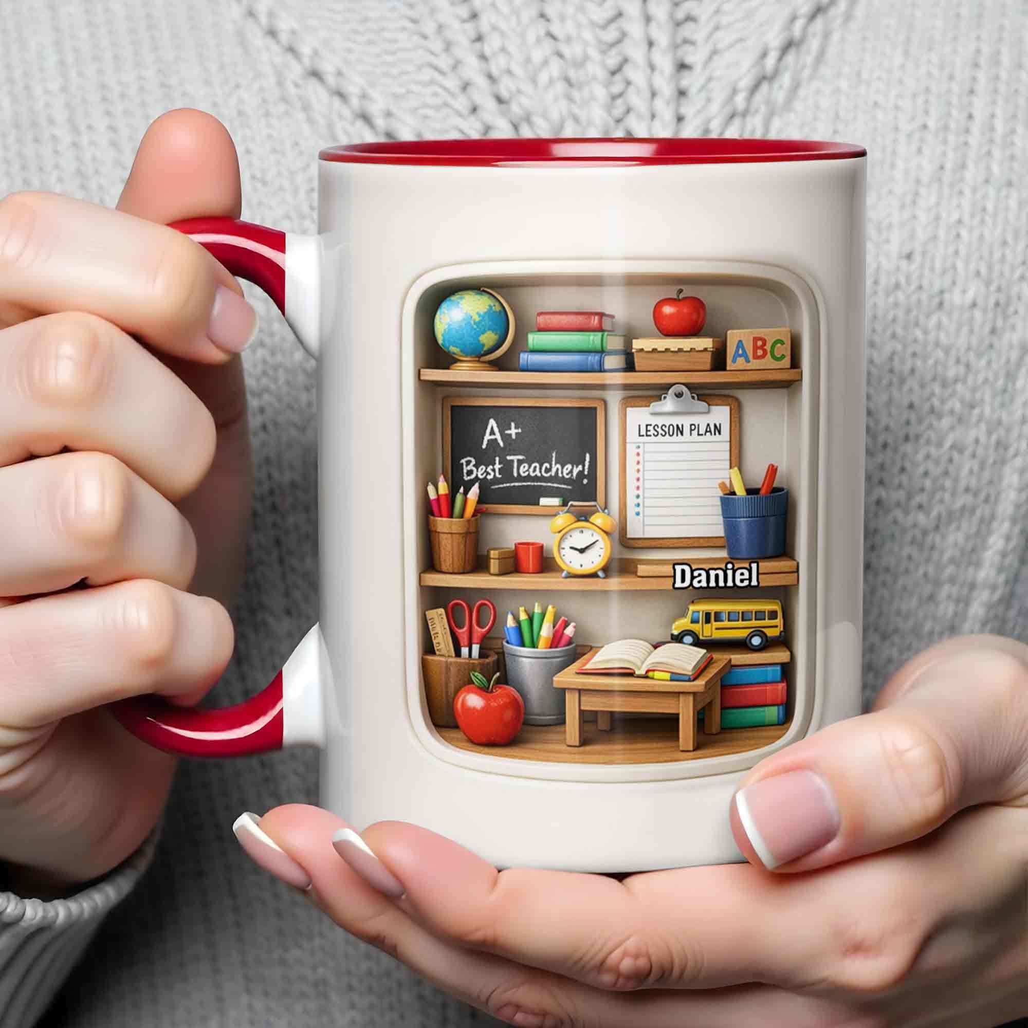 Personalized Best Teacher Bookshelf With Apple And School Bus Accent Mug Teacher Gifts - Image 8