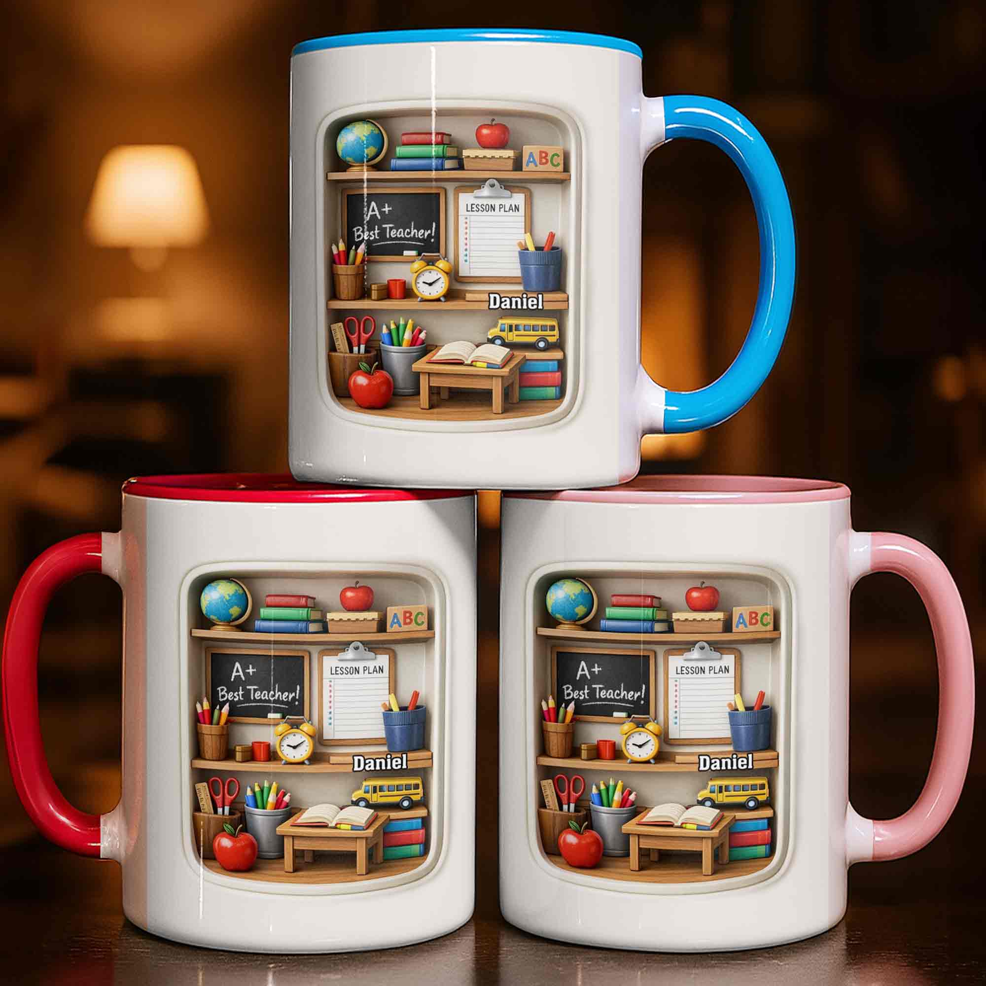 Personalized Best Teacher Bookshelf With Apple And School Bus Accent Mug Teacher Gifts - Image 3