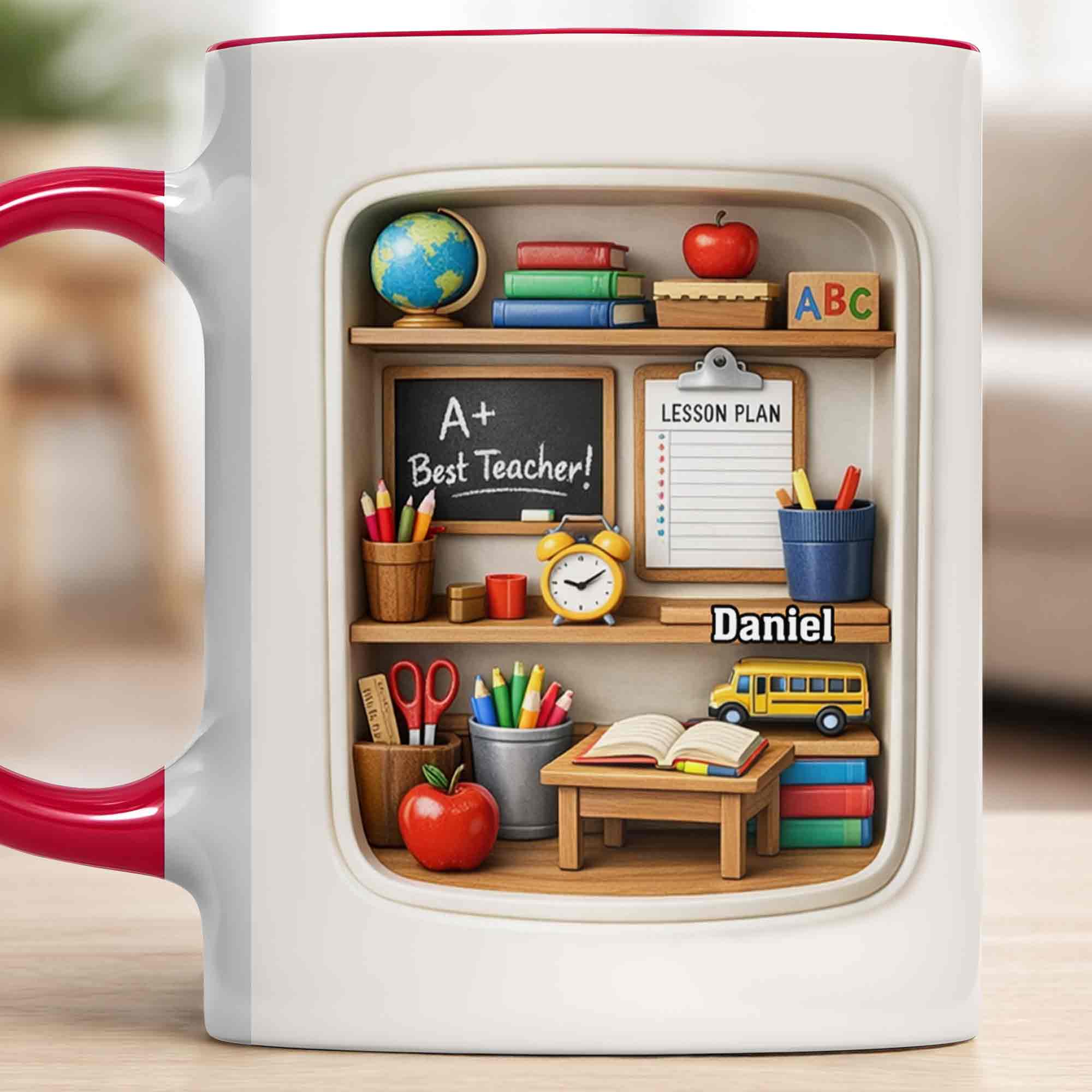 Personalized Best Teacher Bookshelf With Apple And School Bus Accent Mug Teacher Gifts - Image 7
