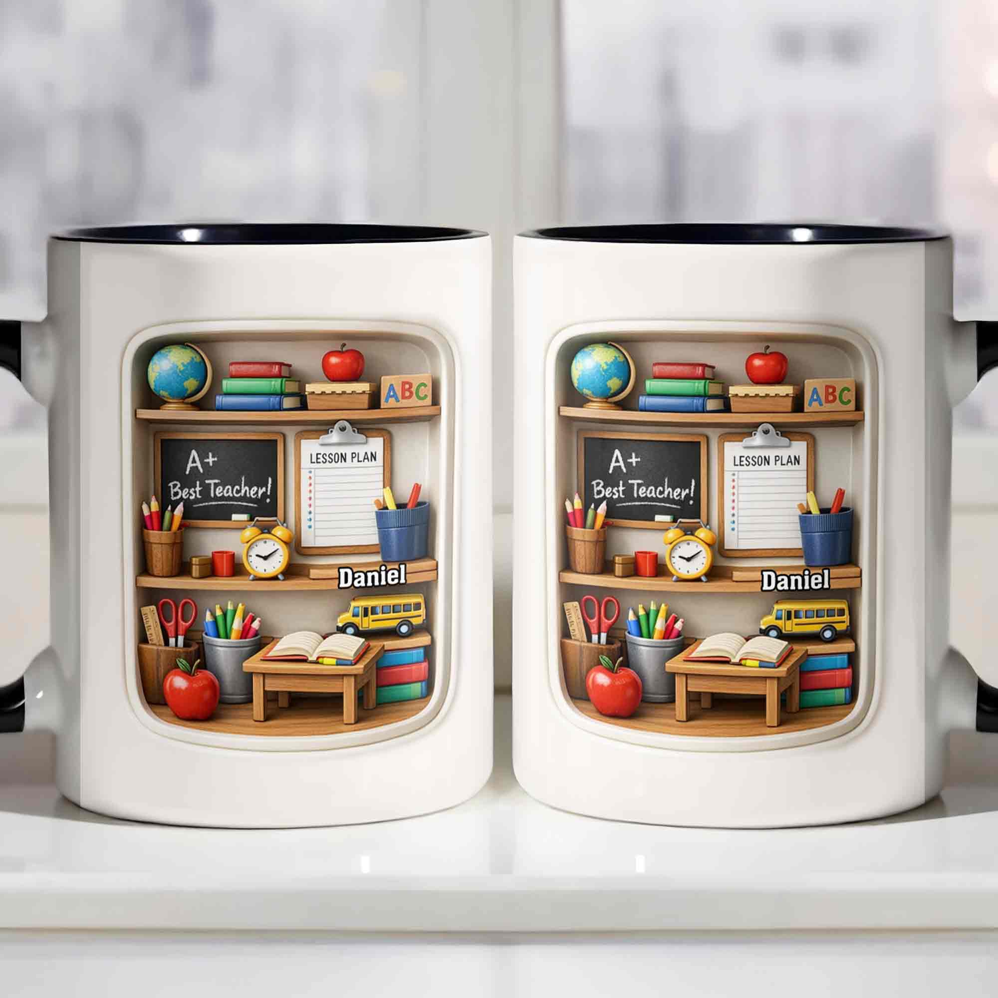 Personalized Best Teacher Bookshelf With Apple And School Bus Accent Mug Teacher Gifts