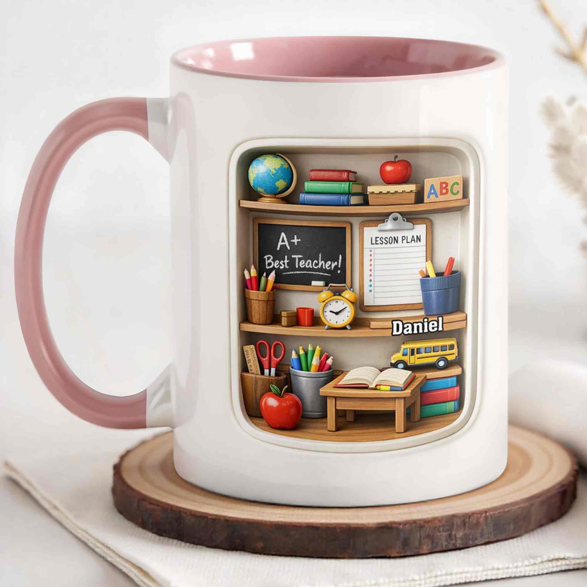 Personalized Best Teacher Bookshelf With Apple And School Bus Accent Mug Teacher Gifts - Image 5