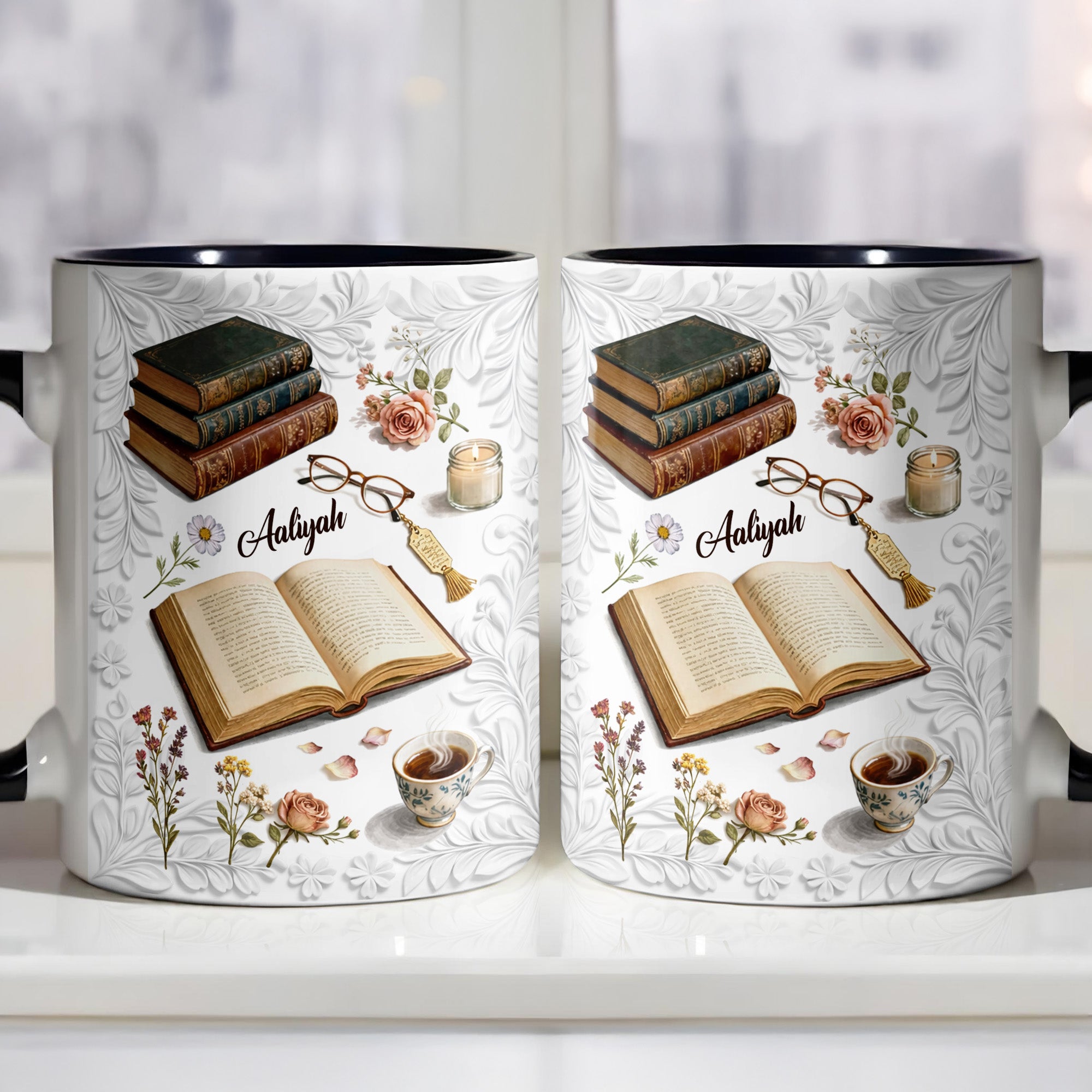 Personalized Books And Flowers Accent Mug Best Gifts For Book Lovers