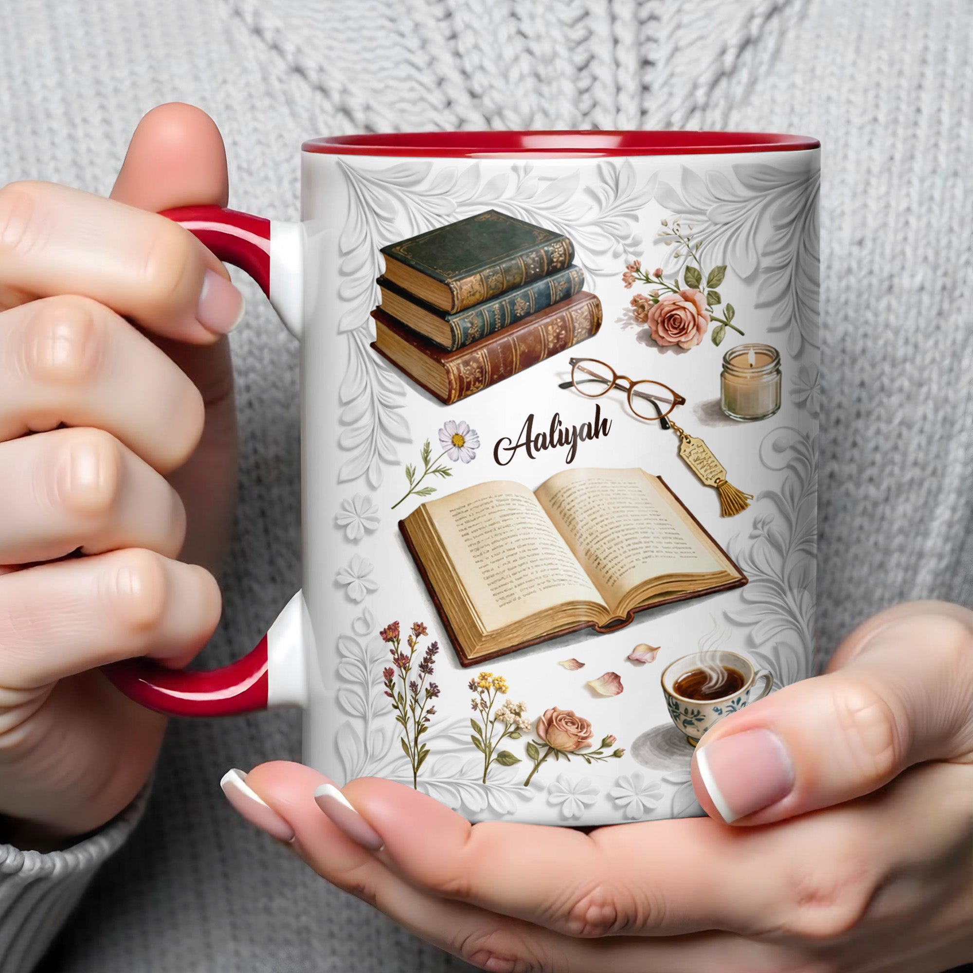Personalized Books And Flowers Accent Mug Best Gifts For Book Lovers - Image 3
