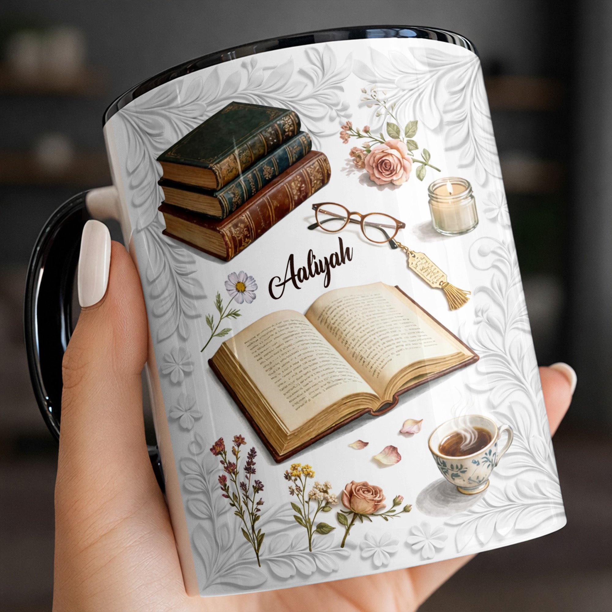 Personalized Books And Flowers Accent Mug Best Gifts For Book Lovers - Image 4