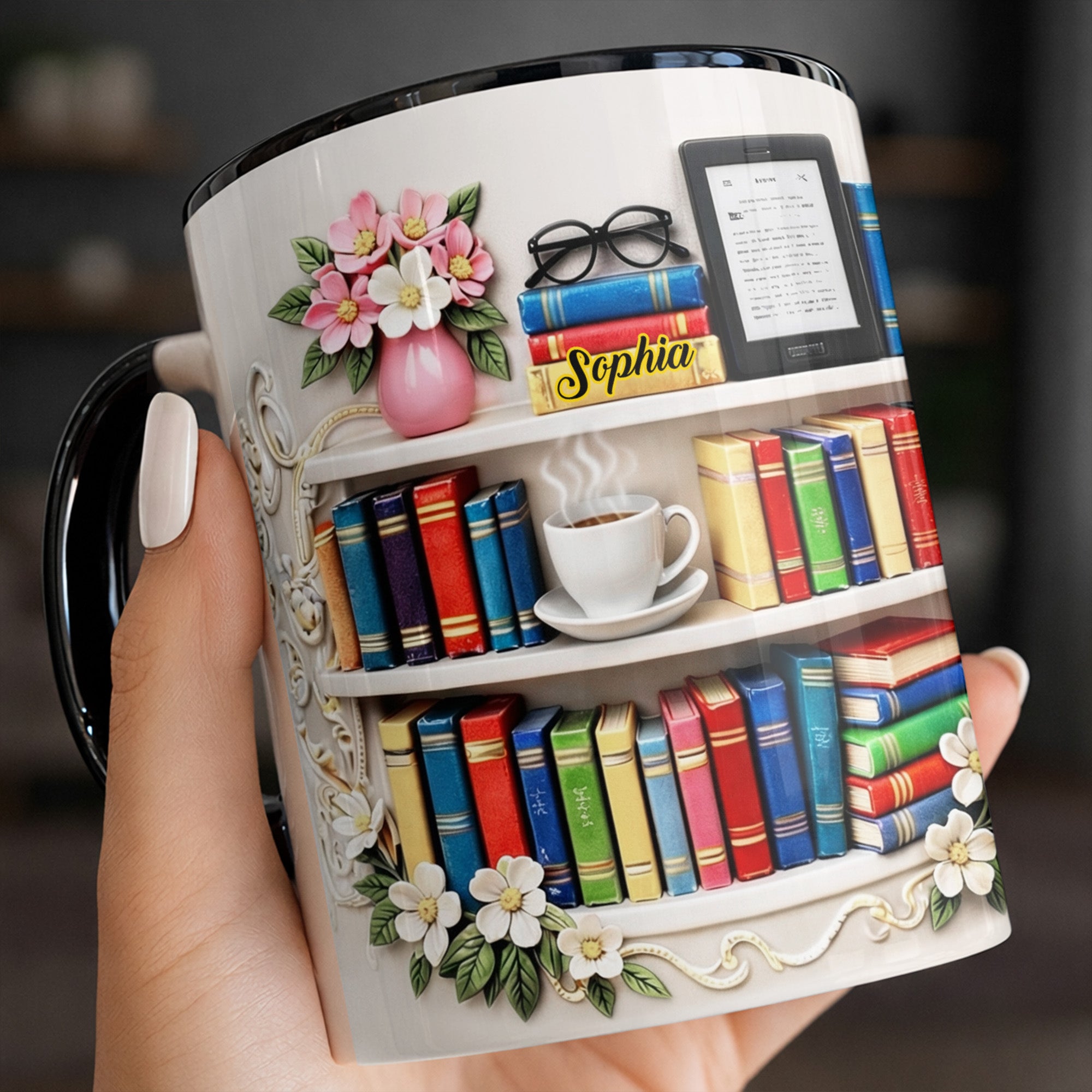 Personalized Bookshelf And Coffee Cup Accent Mug Gifts Ideas For Bookish - Image 2