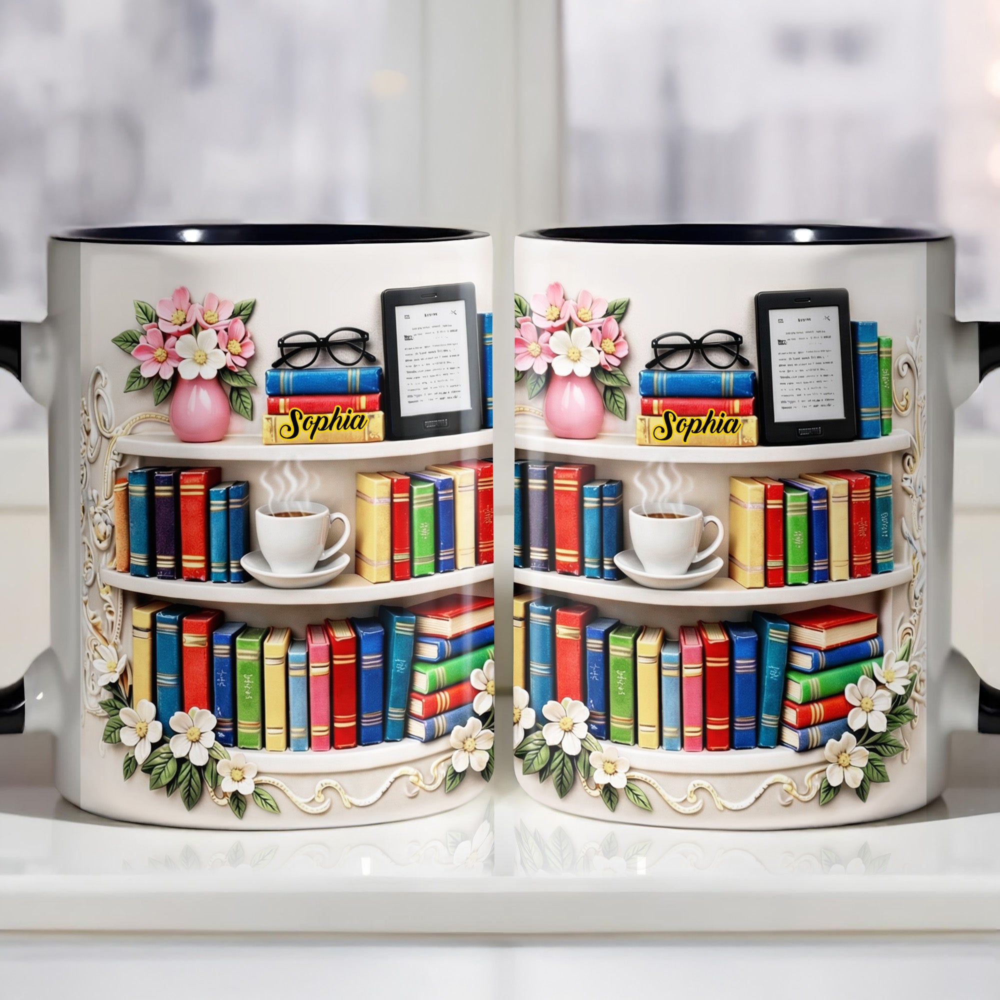 Personalized Bookshelf And Coffee Cup Accent Mug Gifts Ideas For Bookish