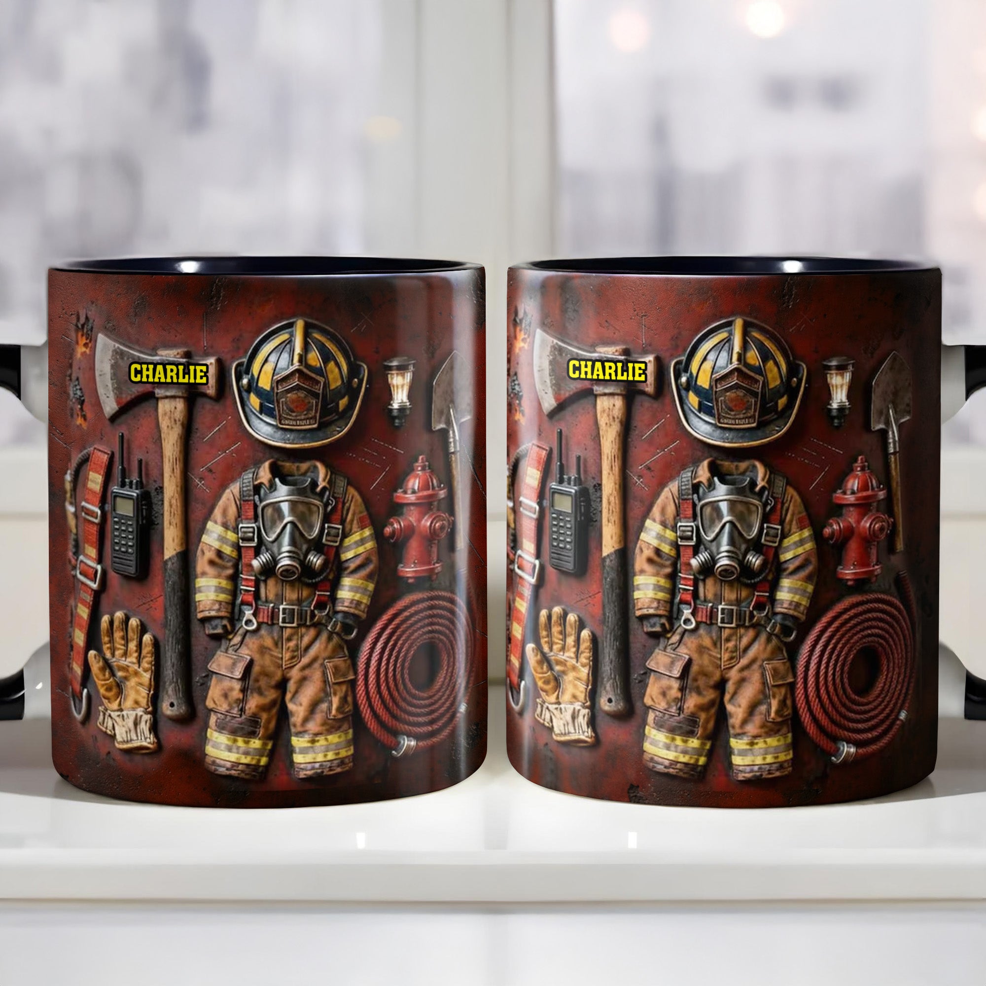 Personalized Celebrate Your Heroic Spirit Firefighter Gear And Helmet Accent Mug Gifts For Dad