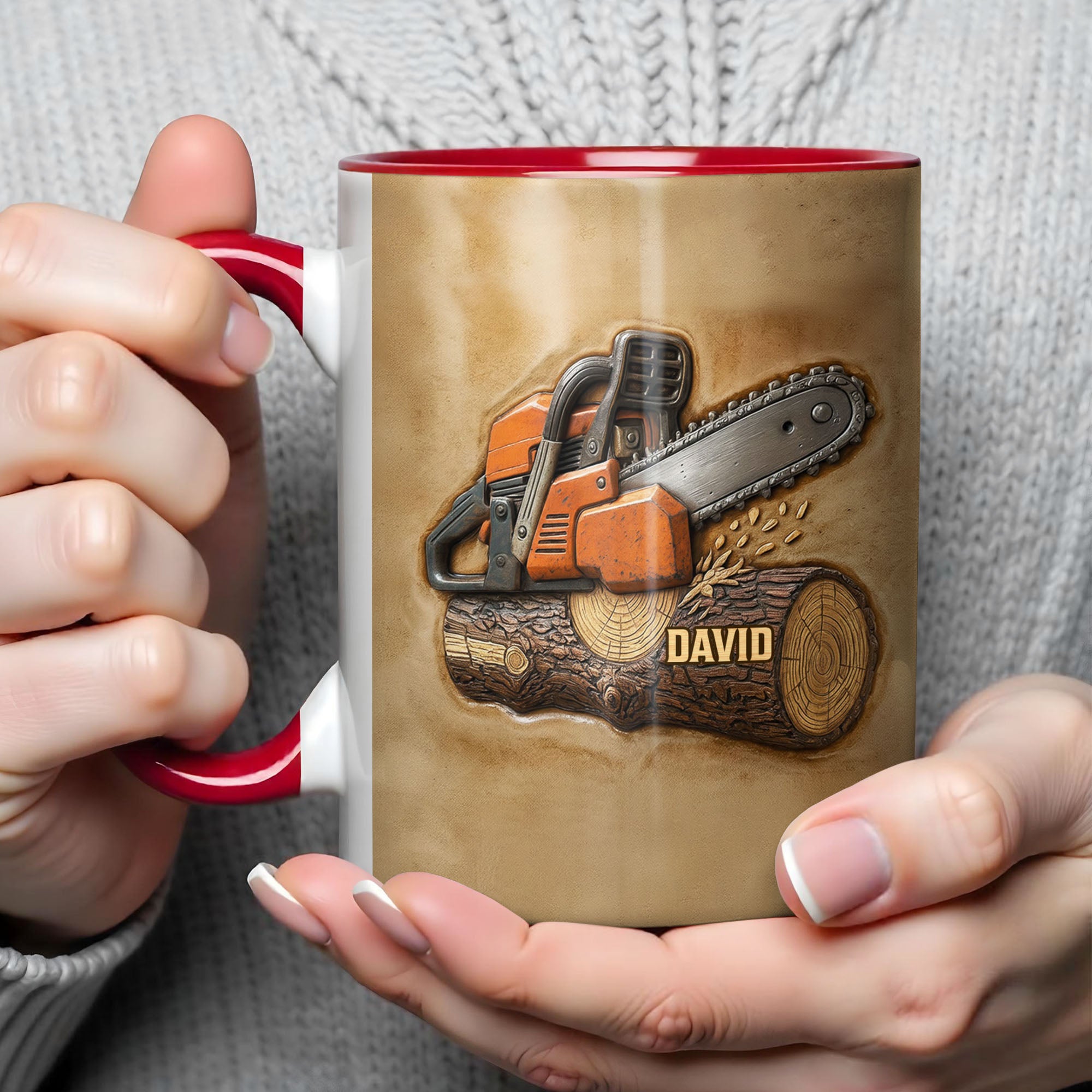 Personalized Chainsaw And Log Accent Mug Carpenter Coffee Cup Gifts For Woodworker - Image 4