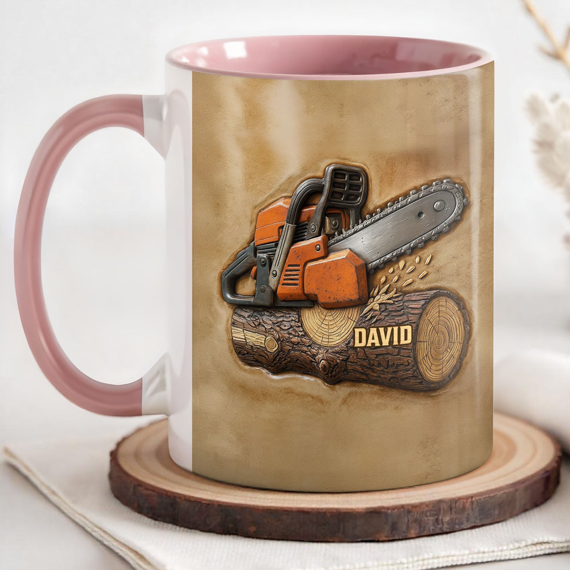 Personalized Chainsaw And Log Accent Mug Carpenter Coffee Cup Gifts For Woodworker - Image 3
