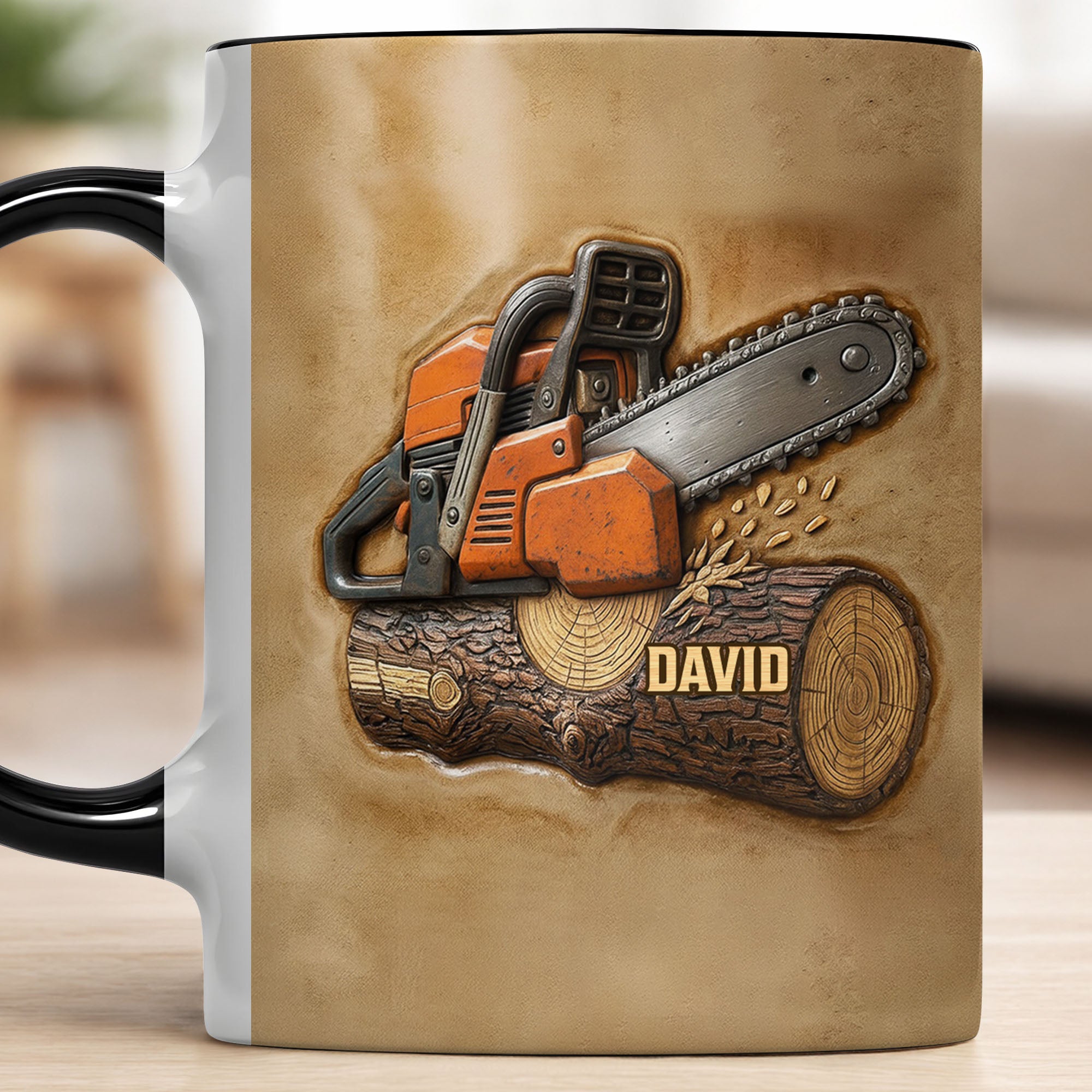 Personalized Chainsaw And Log Accent Mug Carpenter Coffee Cup Gifts For Woodworker