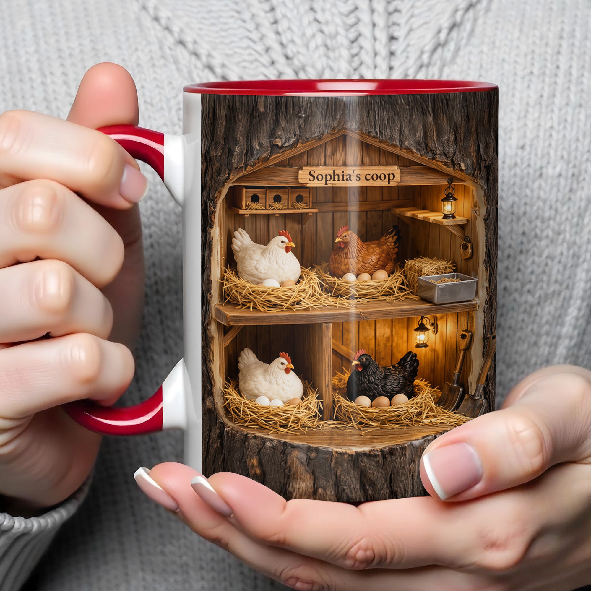 Personalized Coop Featuring Chickens Accent Mug Rustic Wooden Structure Coffee Cup Farmers Gift - Image 4