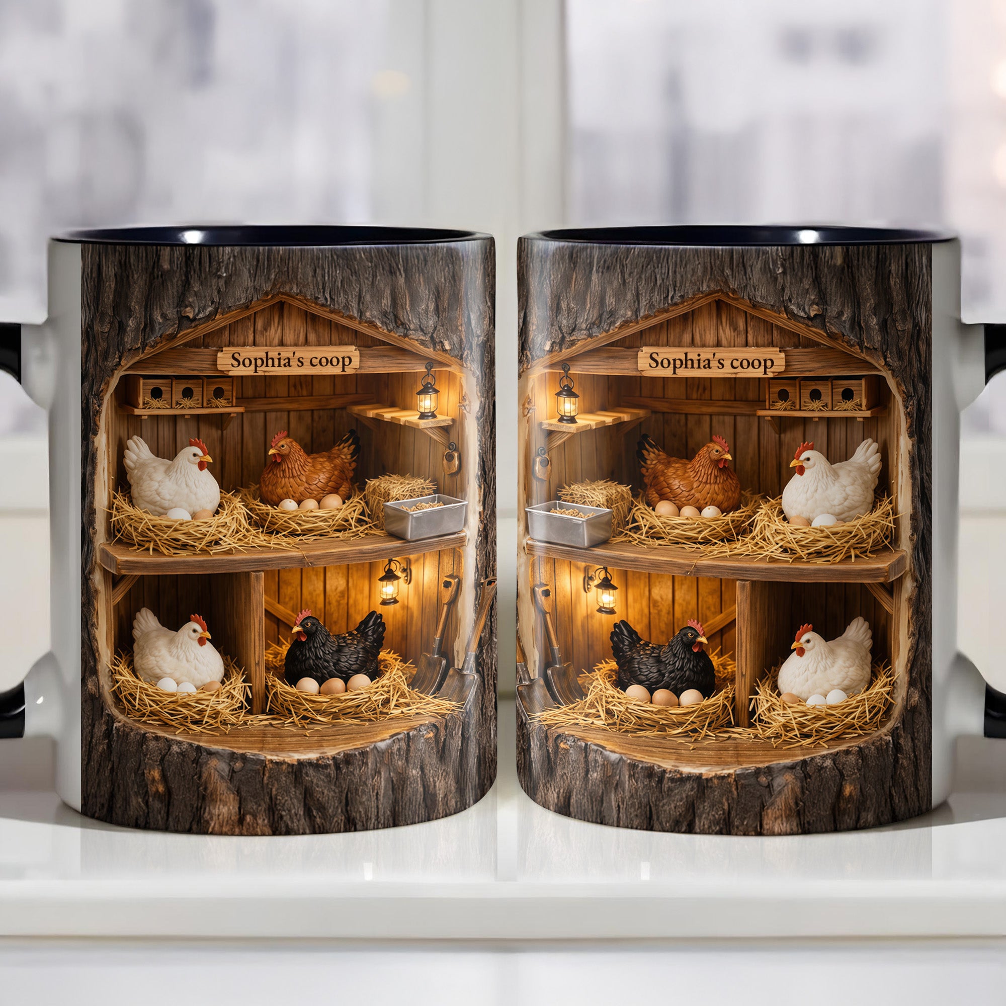 Personalized Coop Featuring Chickens Accent Mug Rustic Wooden Structure Coffee Cup Farmers Gift