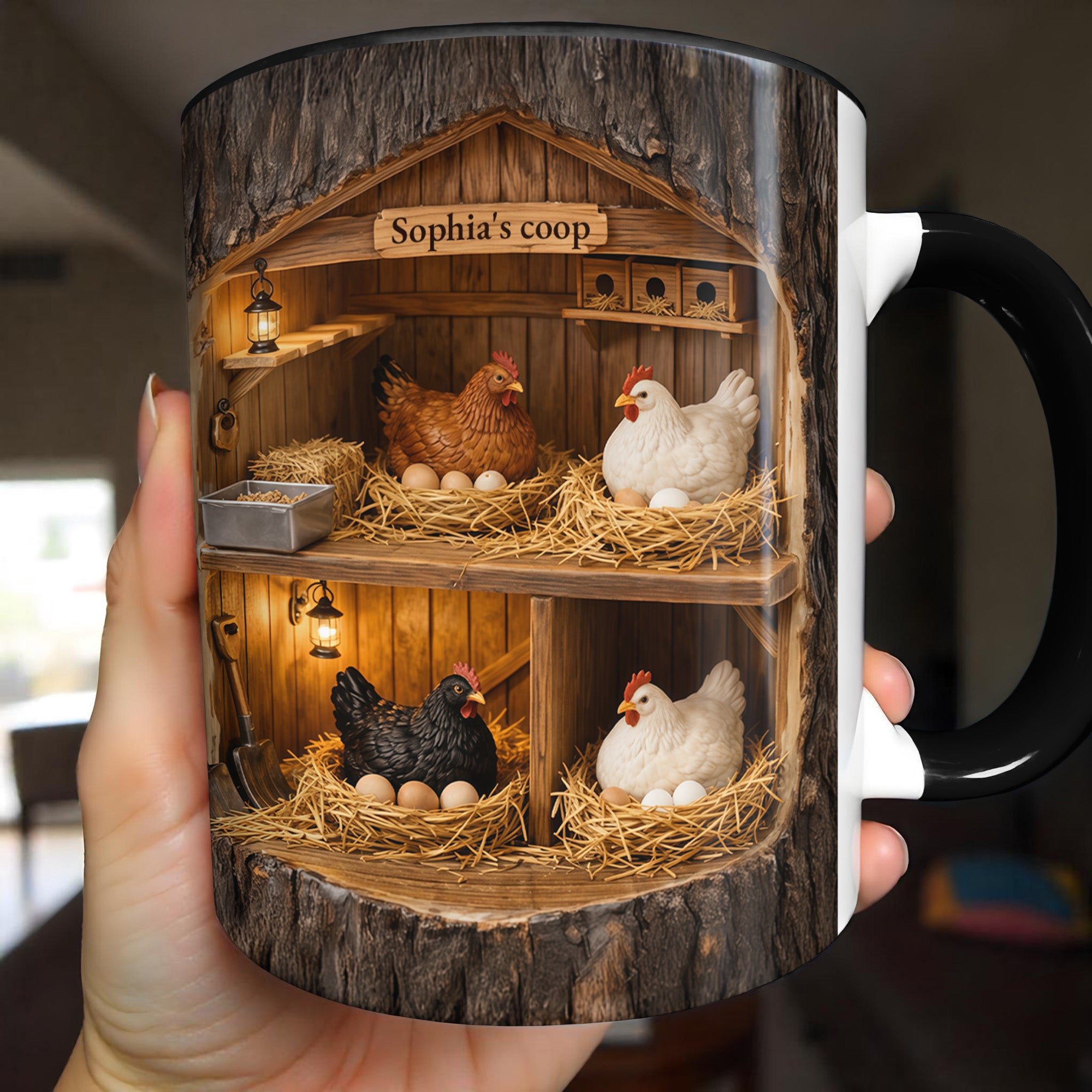 Personalized Coop Featuring Chickens Accent Mug Rustic Wooden Structure Coffee Cup Farmers Gift - Image 5