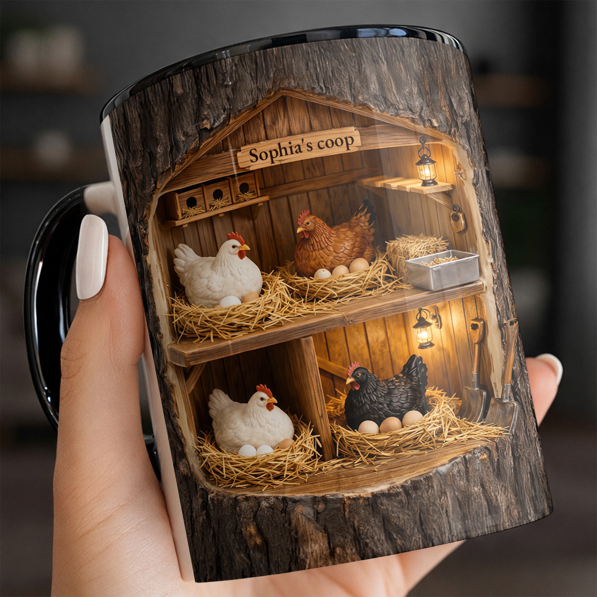 Personalized Coop Featuring Chickens Accent Mug Rustic Wooden Structure Coffee Cup Farmers Gift - Image 6