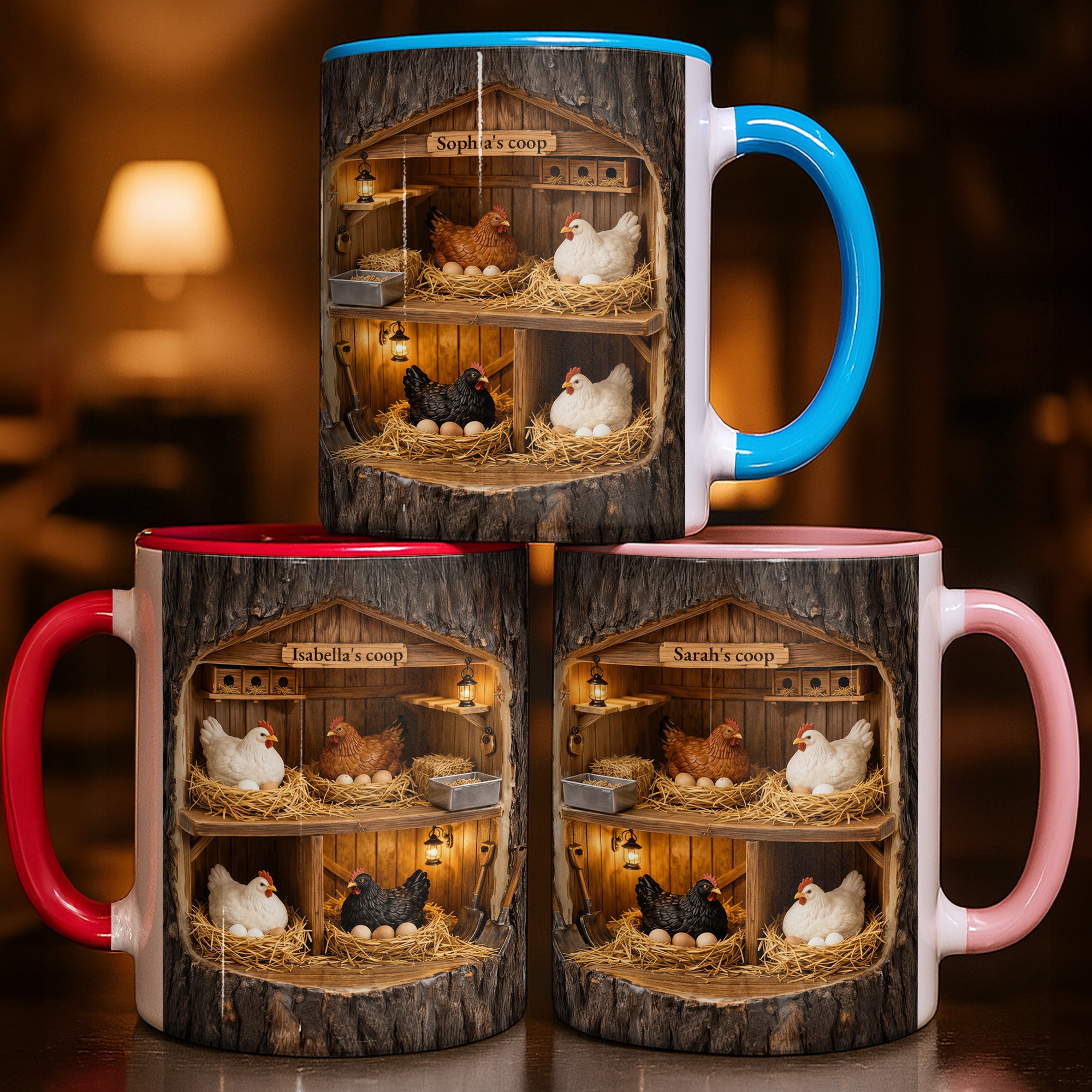 Personalized Coop Featuring Chickens Accent Mug Rustic Wooden Structure Coffee Cup Farmers Gift - Image 2