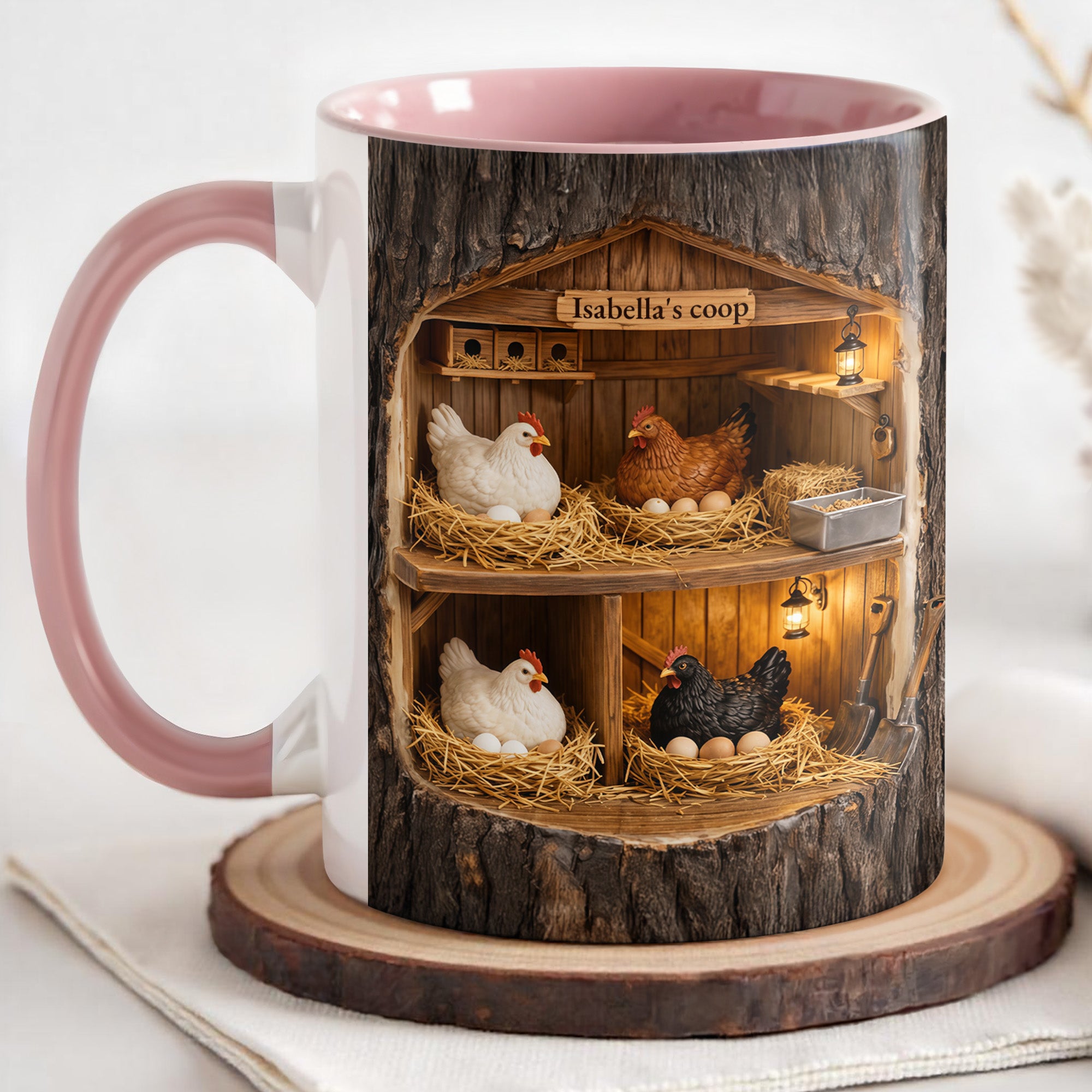 Personalized Coop Featuring Chickens Accent Mug Rustic Wooden Structure Coffee Cup Farmers Gift - Image 3