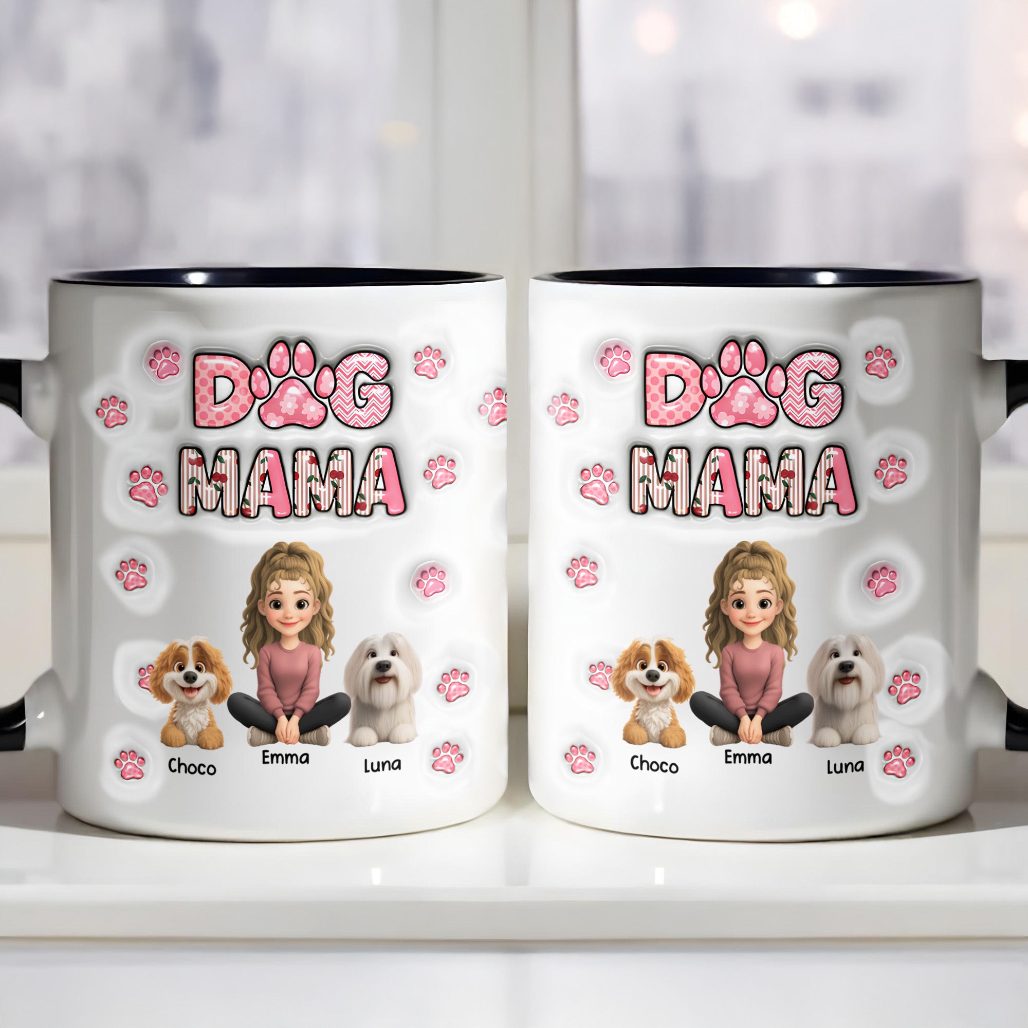 Personalized Dog Mom With Cute Cartoon Dogs And Paws Design Accent Mug Gifts For Dog Lovers