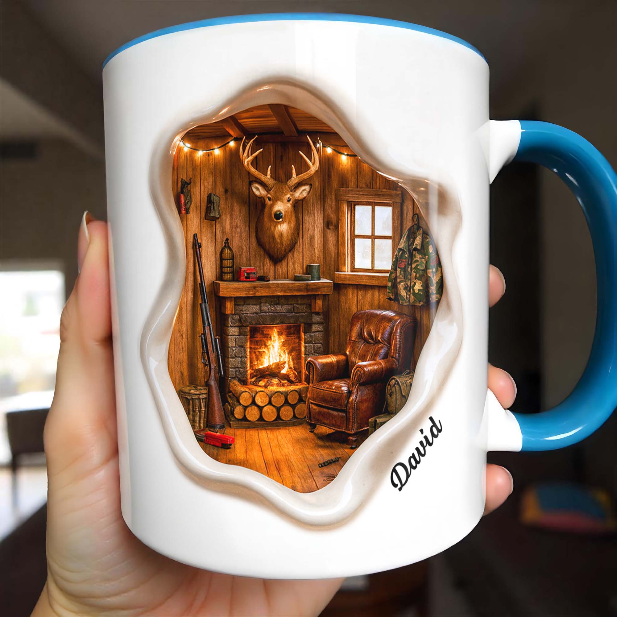 Personalized Fireplace And Deer Head Accent Mug Best Gifts For Deer Hunter - Image 2