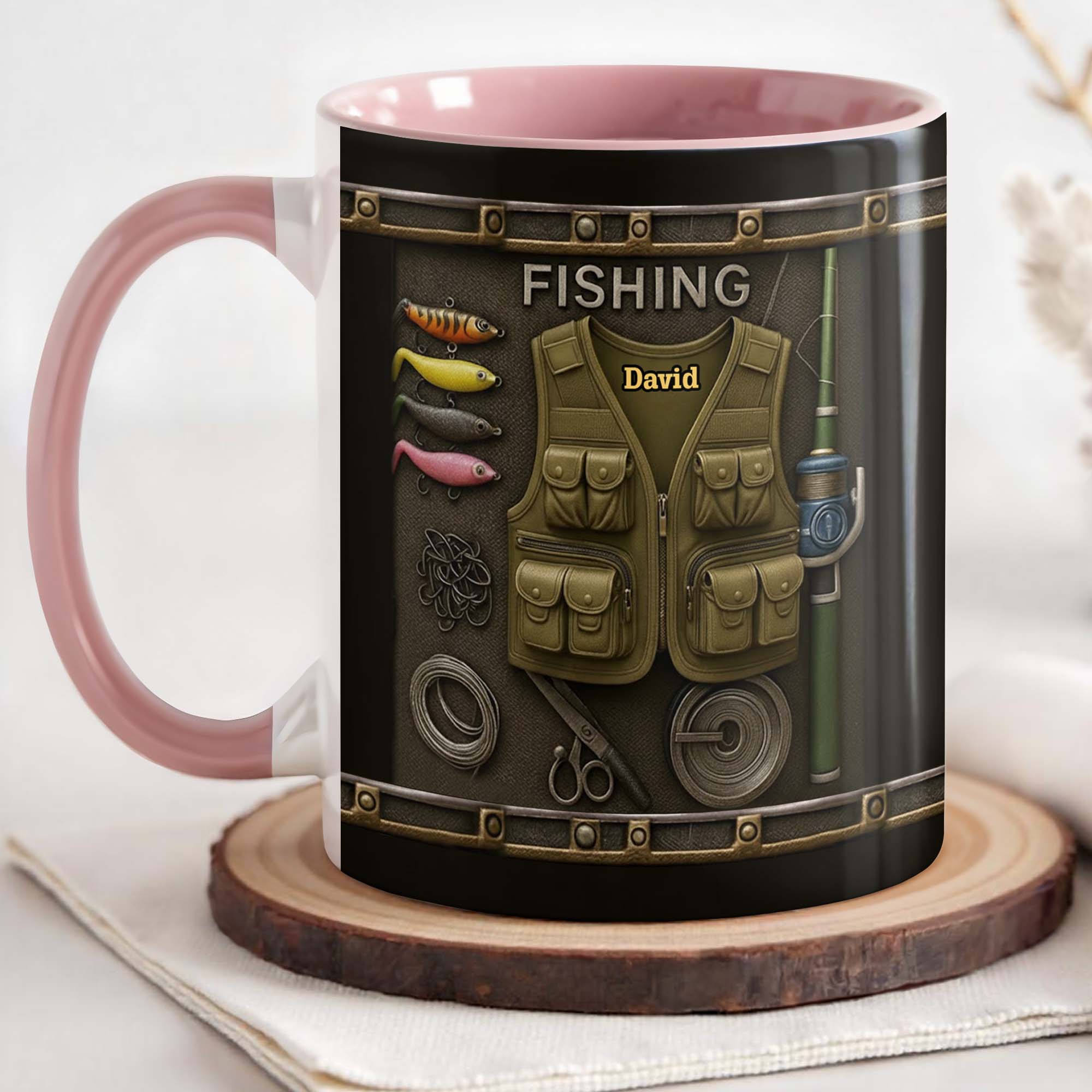 Personalized Fishing Themed Design With Vest and Lures Accent Mug Gifts For Fisherman - Image 3