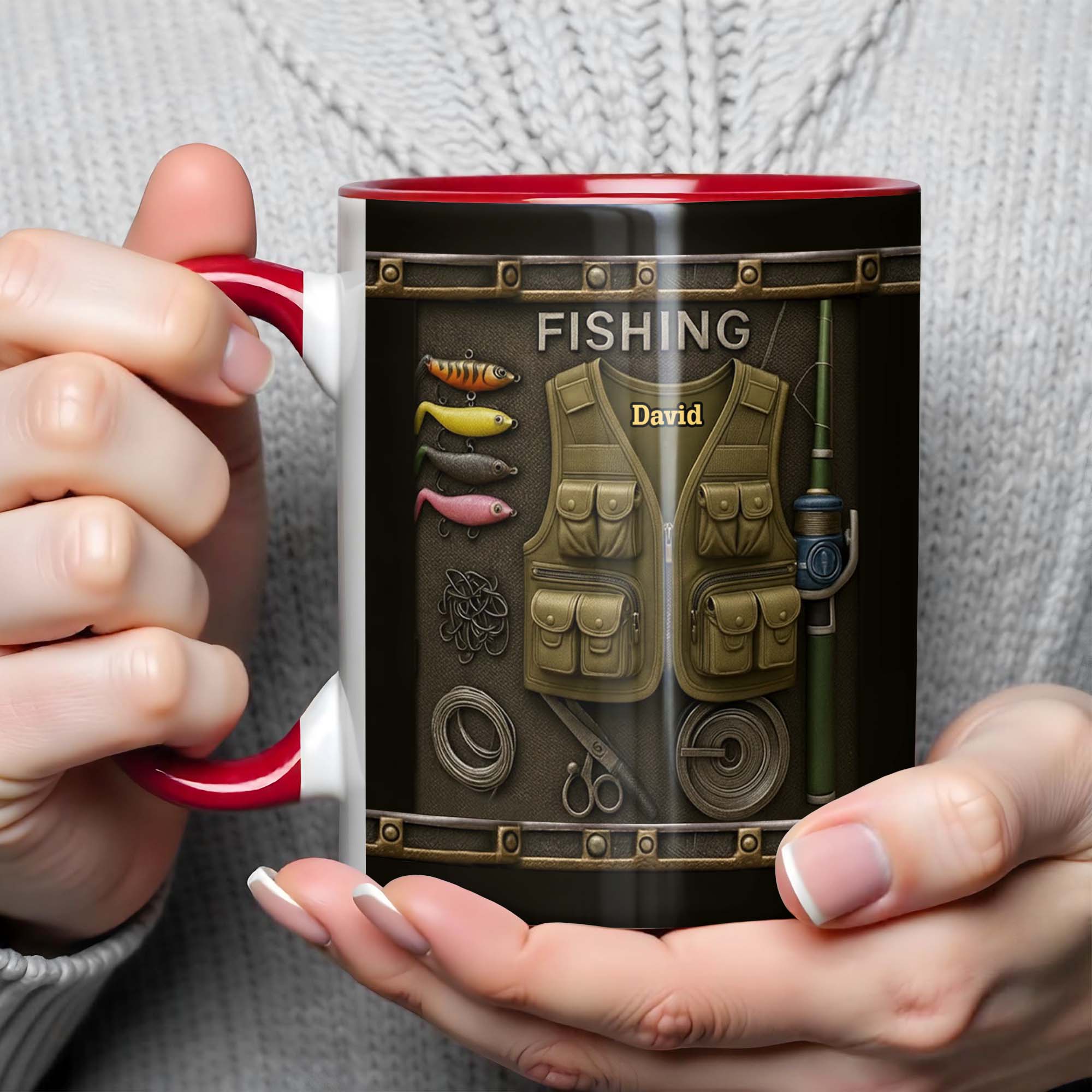 Personalized Fishing Themed Design With Vest and Lures Accent Mug Gifts For Fisherman - Image 4