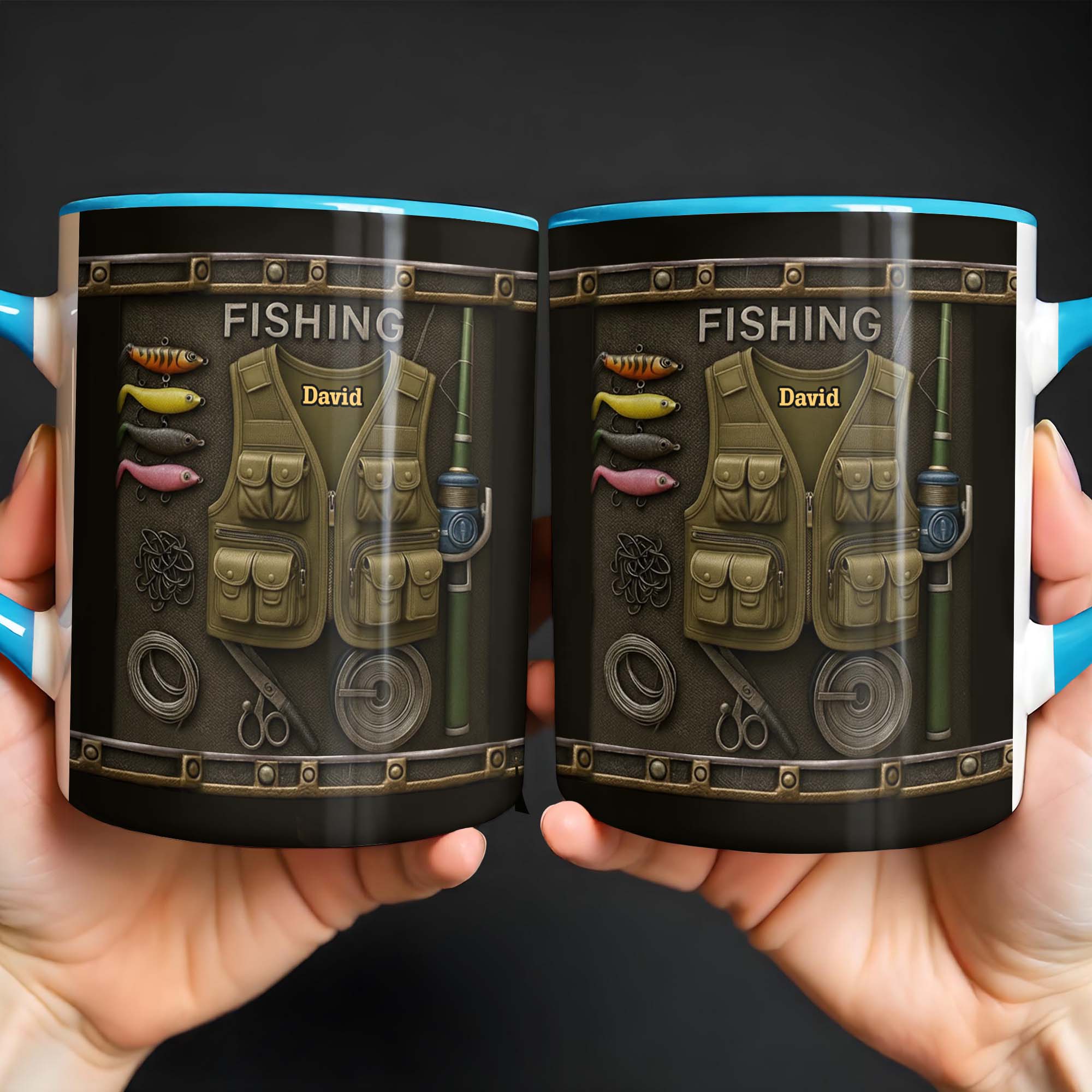 Personalized Fishing Themed Design With Vest and Lures Accent Mug Gifts For Fisherman - Image 5