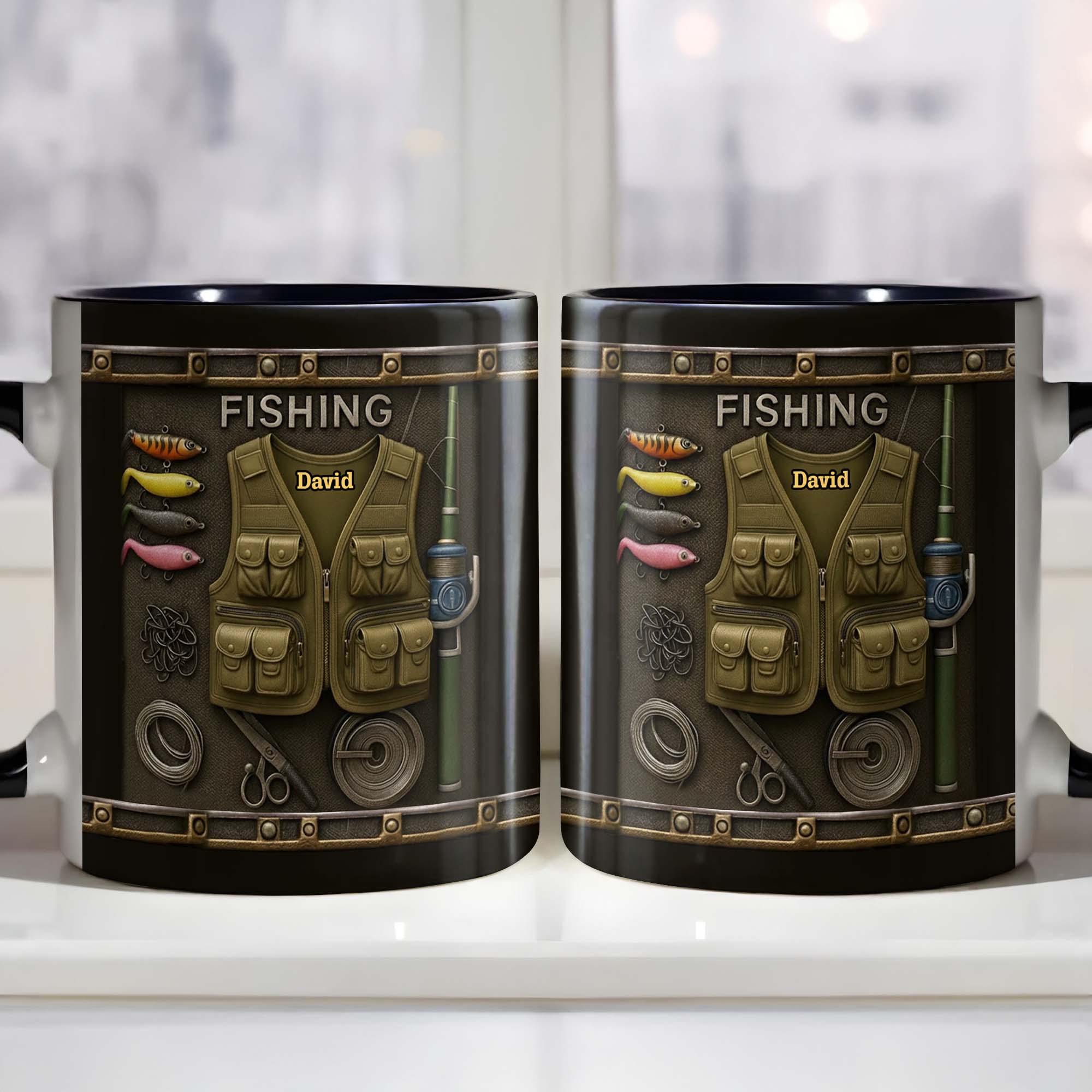 Personalized Fishing Themed Design With Vest and Lures Accent Mug Gifts For Fisherman