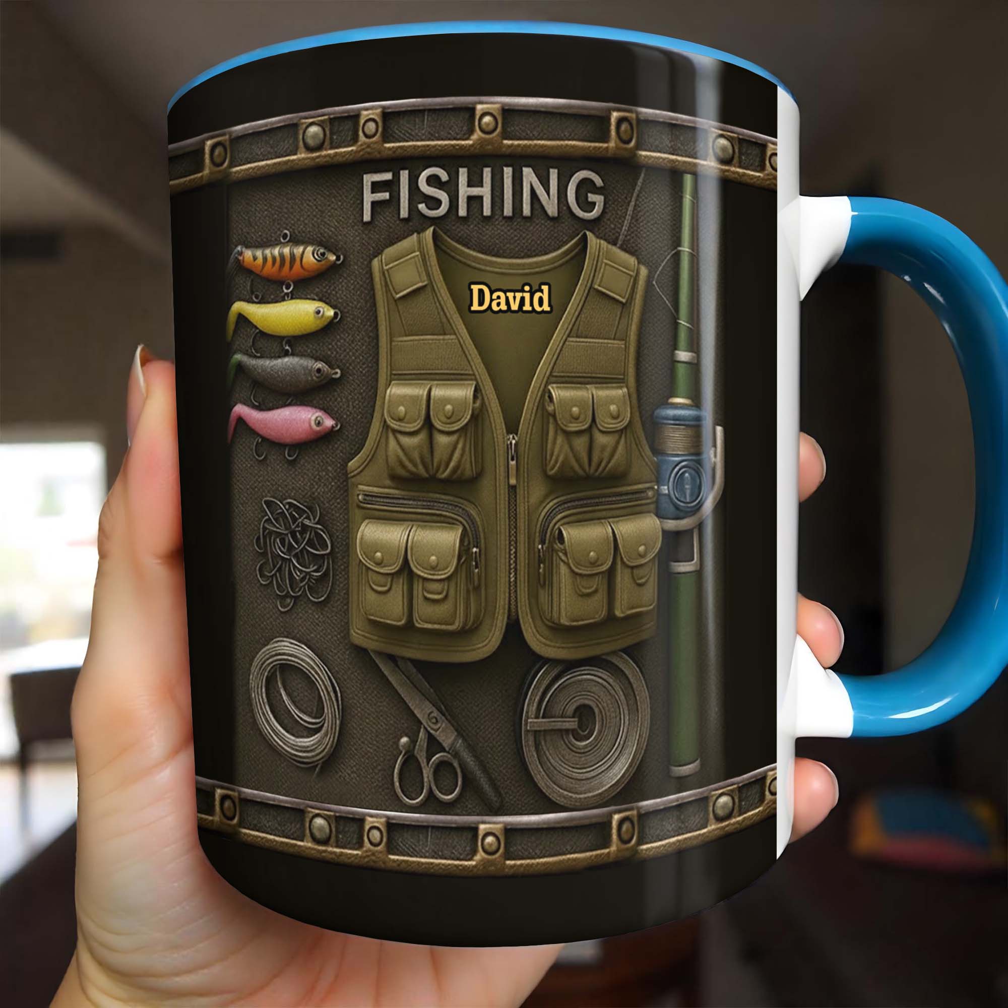 Personalized Fishing Themed Design With Vest and Lures Accent Mug Gifts For Fisherman - Image 2