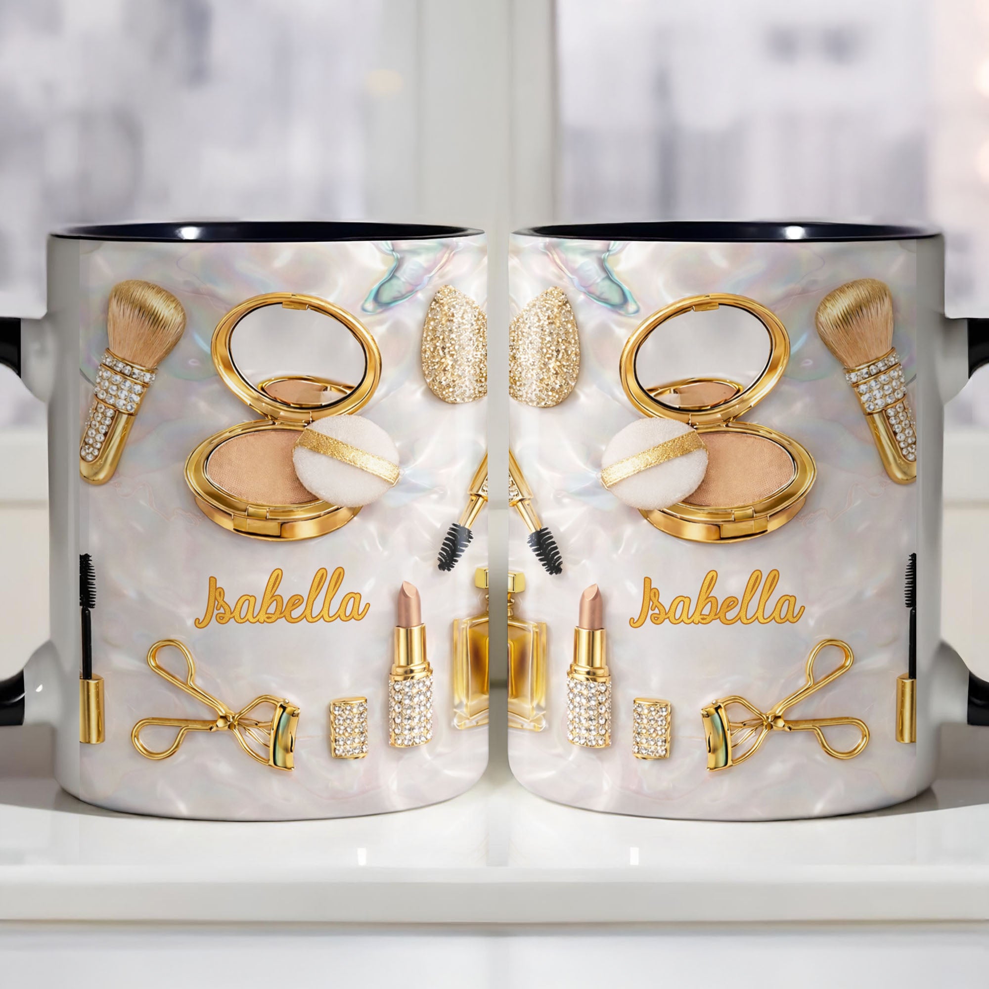 Personalized Glamorous Makeup Essentials And Gold Cosmetic Accent Mug Gifts For Beauty Lovers