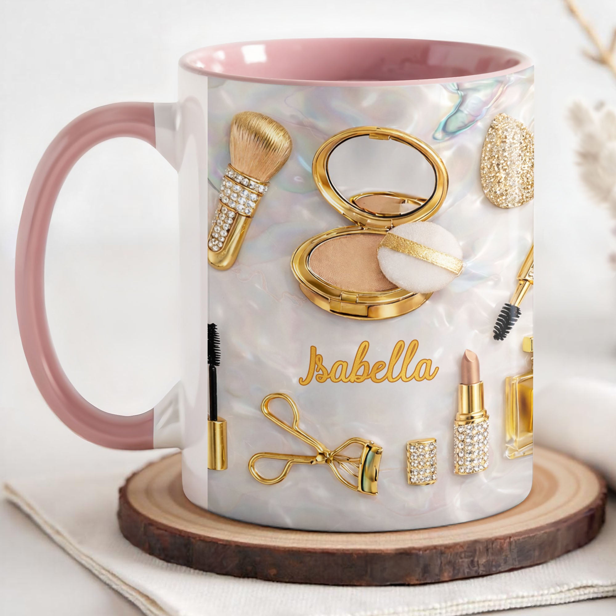 Personalized Glamorous Makeup Essentials And Gold Cosmetic Accent Mug Gifts For Beauty Lovers - Image 3