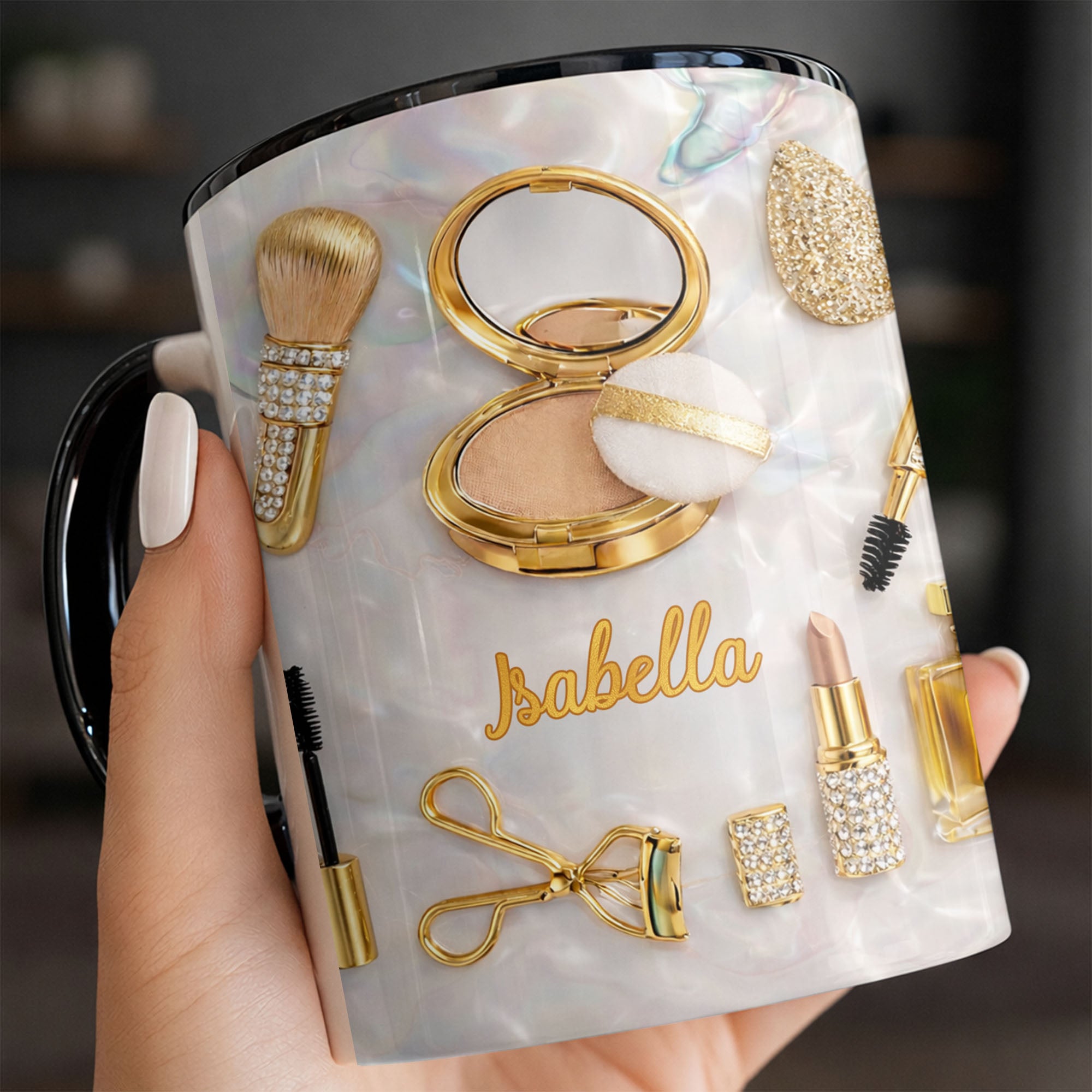 Personalized Glamorous Makeup Essentials And Gold Cosmetic Accent Mug Gifts For Beauty Lovers - Image 5