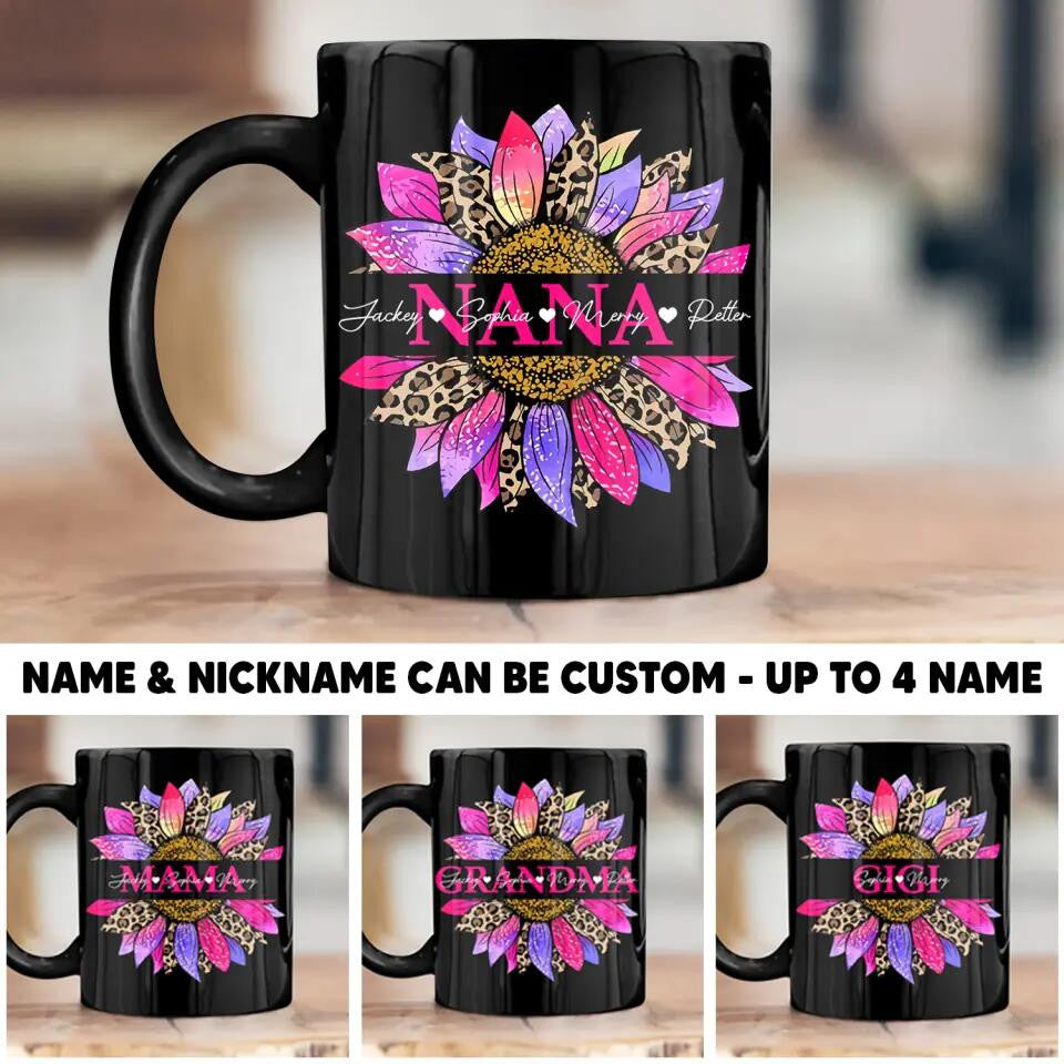 Personalized Grandma Aunt Nana Mom Sunflower Kid Name Black Mug Mother's Day Gifts For Elderly