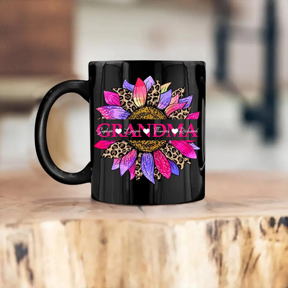 Personalized Grandma Aunt Nana Mom Sunflower Kid Name Black Mug Printed PNHQ0902 - Image 2