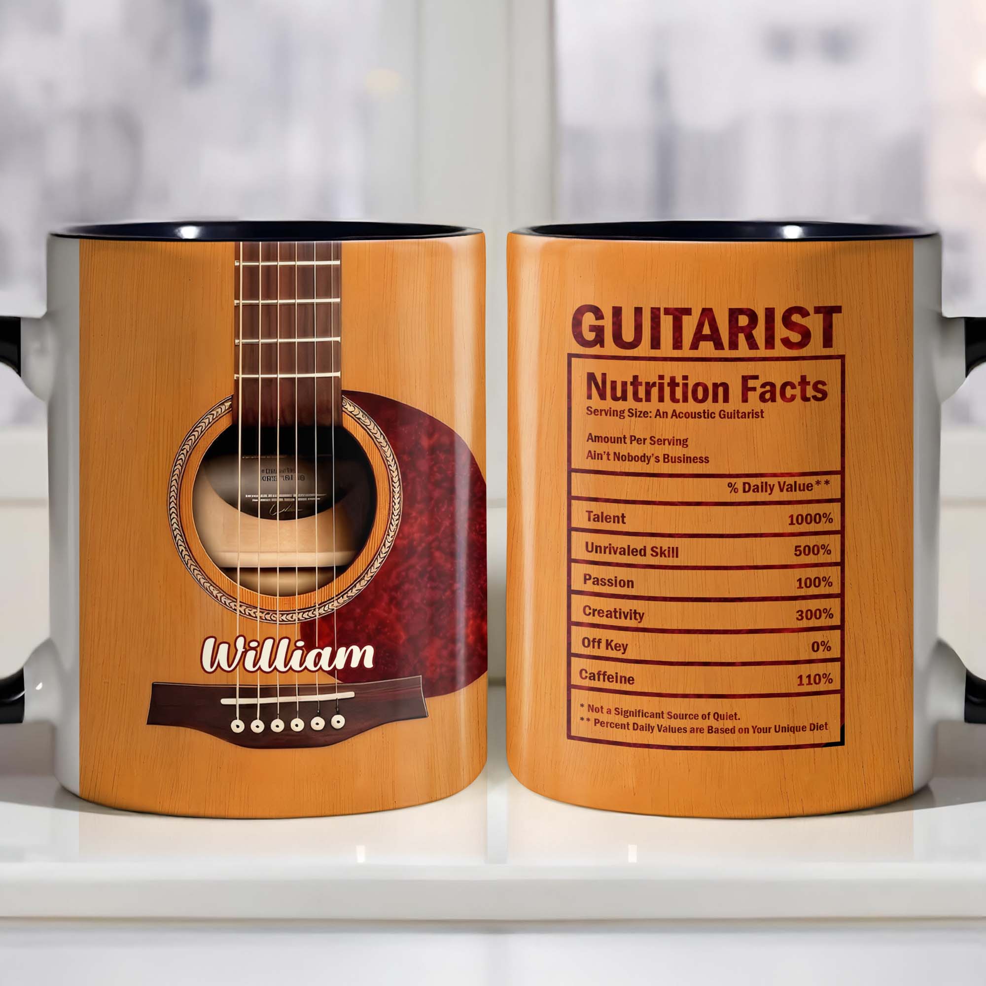 Personalized Guitarist Nutrition Facts Accent Mug Acoustic Guitar Coffee Cup Gift For Musicians