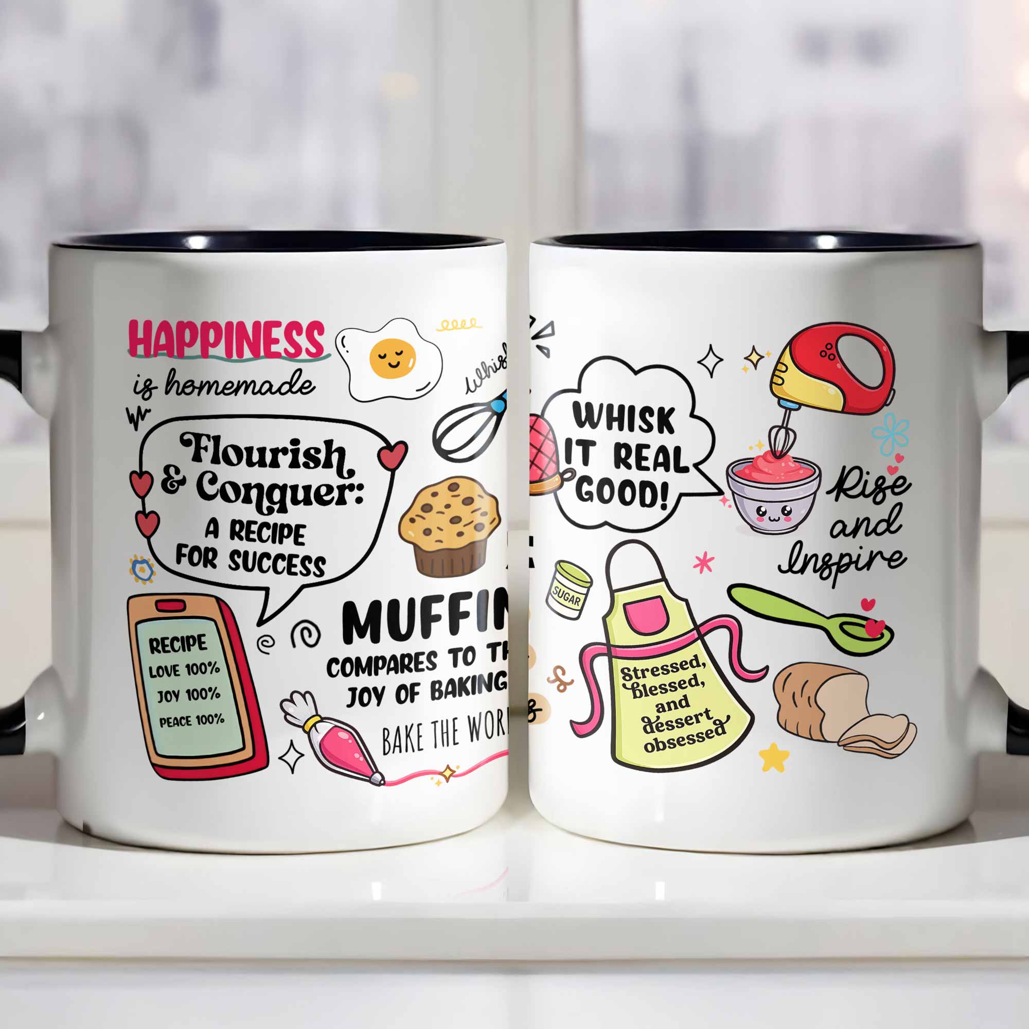 Personalized Happiness Is Homemade Flourish And Conquer Muffin And Recipe Book Accent Mug Gifts