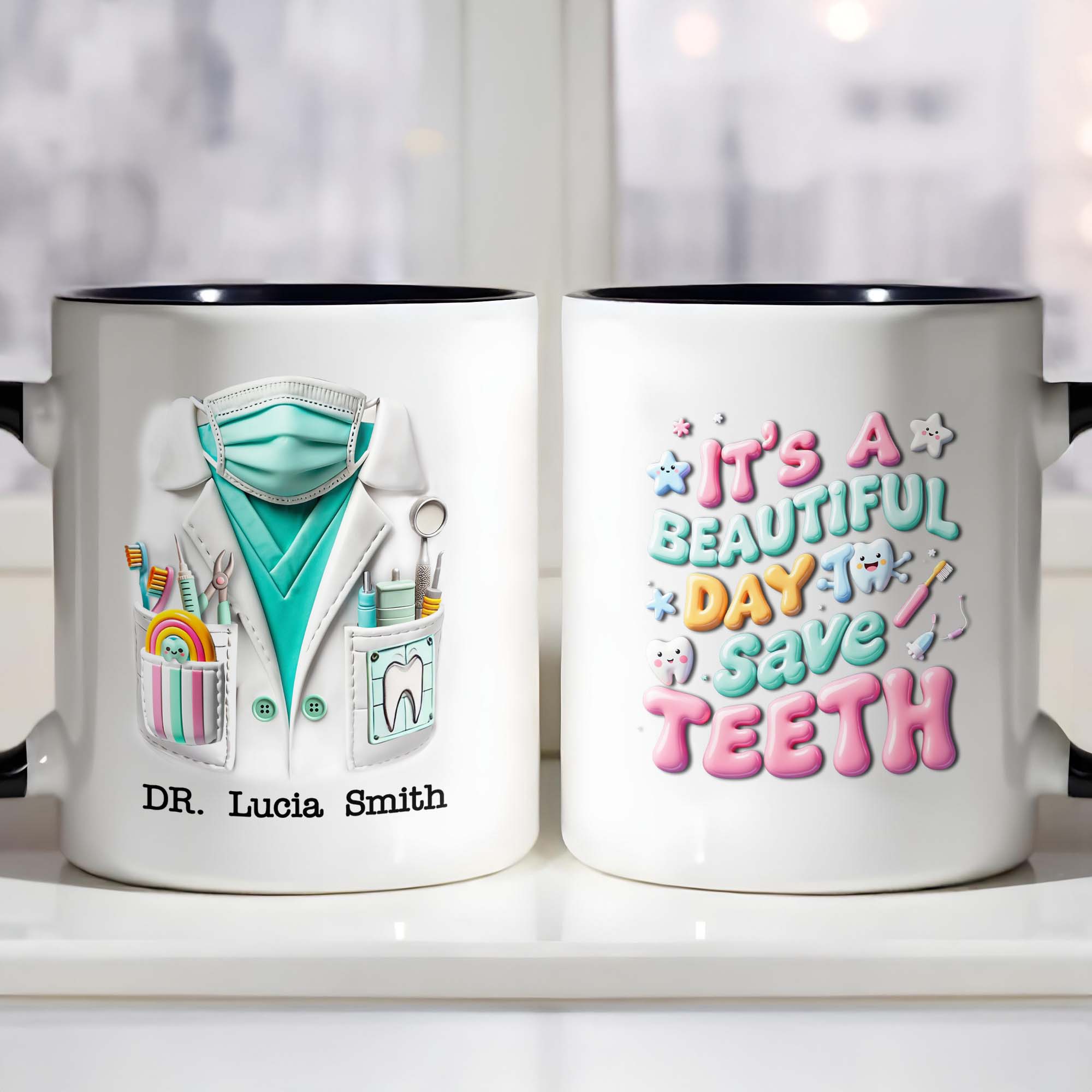 Personalized It's A Beautiful Day Save Teeth Accent Mug Gifts For Dentist