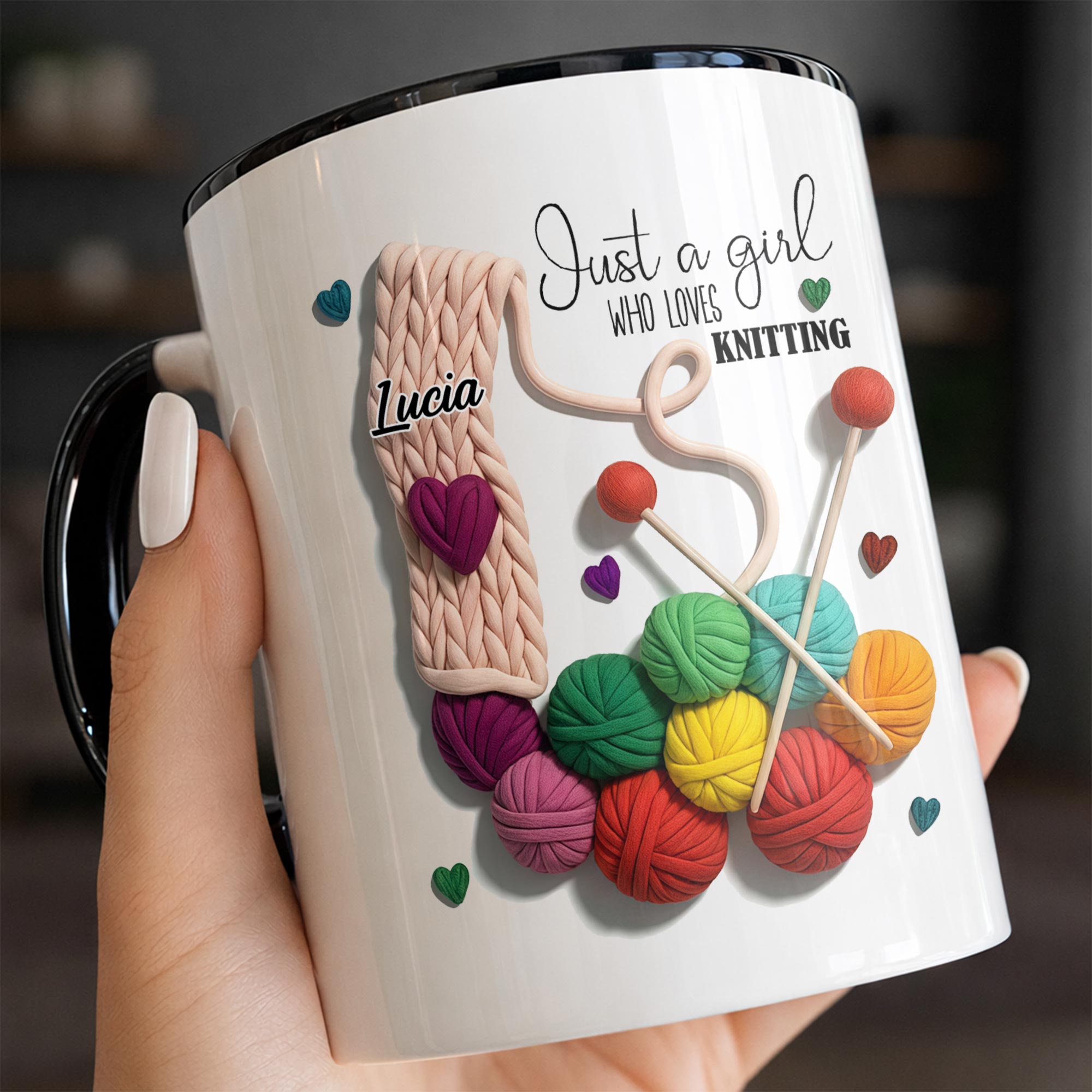 Personalized Just A Girl Who Loves Knitting With Yarn Balls And Needles Accent Mug Gift For Her - Image 3