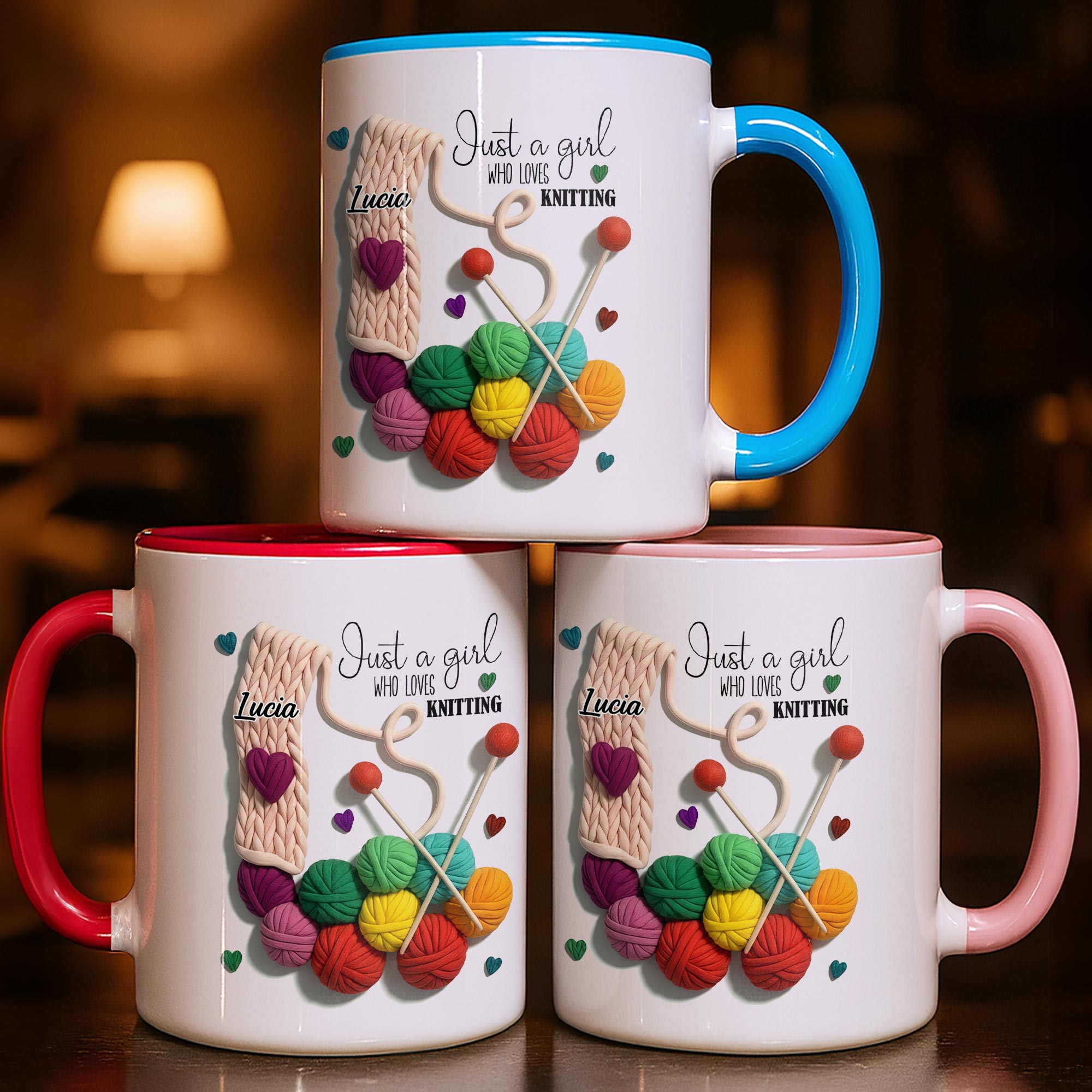 Personalized Just A Girl Who Loves Knitting With Yarn Balls And Needles Accent Mug Gift For Her - Image 2