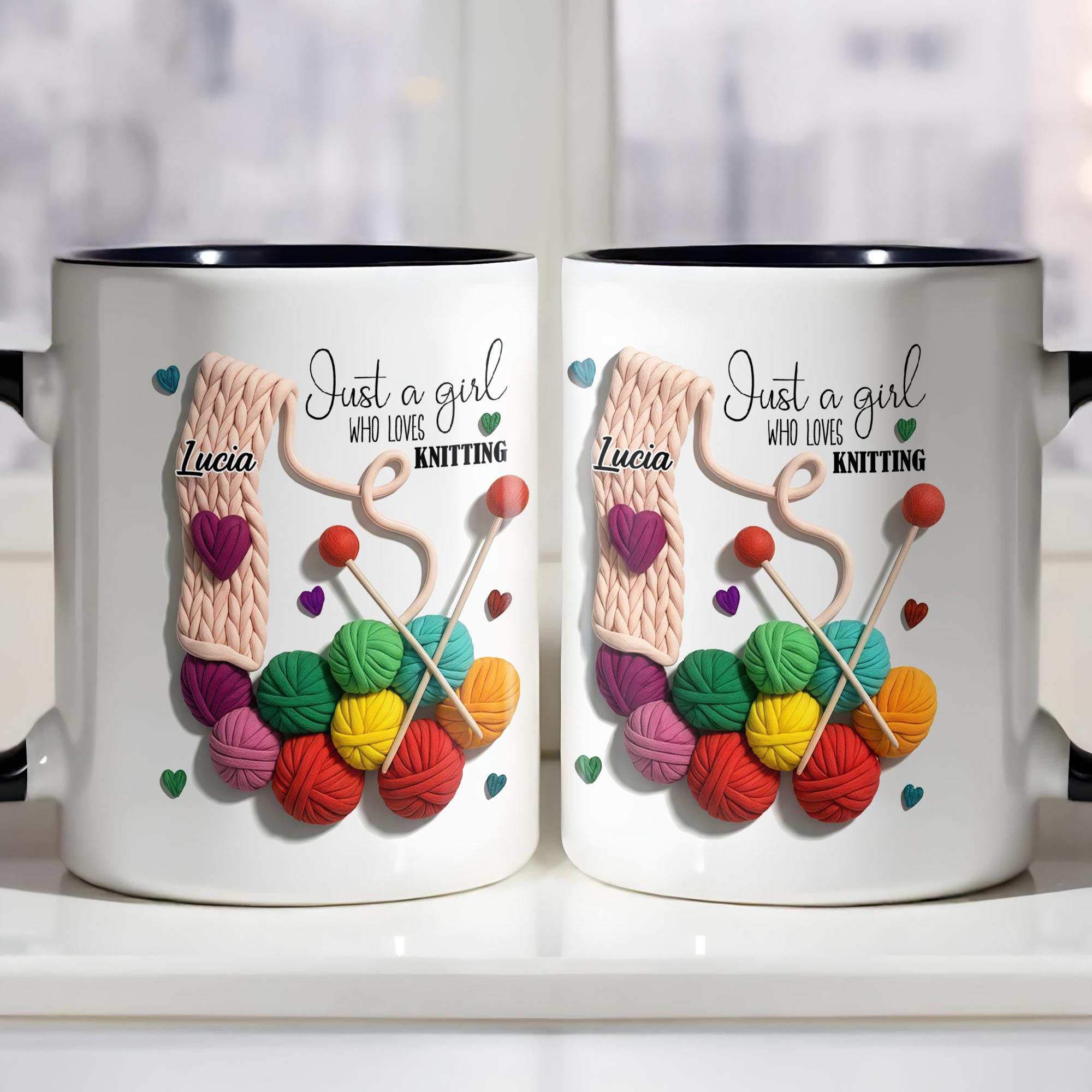 Personalized Just A Girl Who Loves Knitting With Yarn Balls And Needles Accent Mug Gift For Her