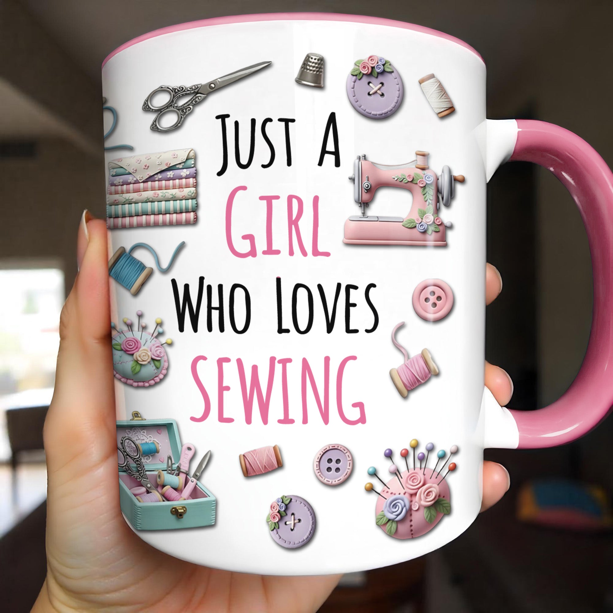 Personalized Just A Girl Who Loves Sewing With Scissors And Buttons Accent Mug Gift For Sewists - Image 3