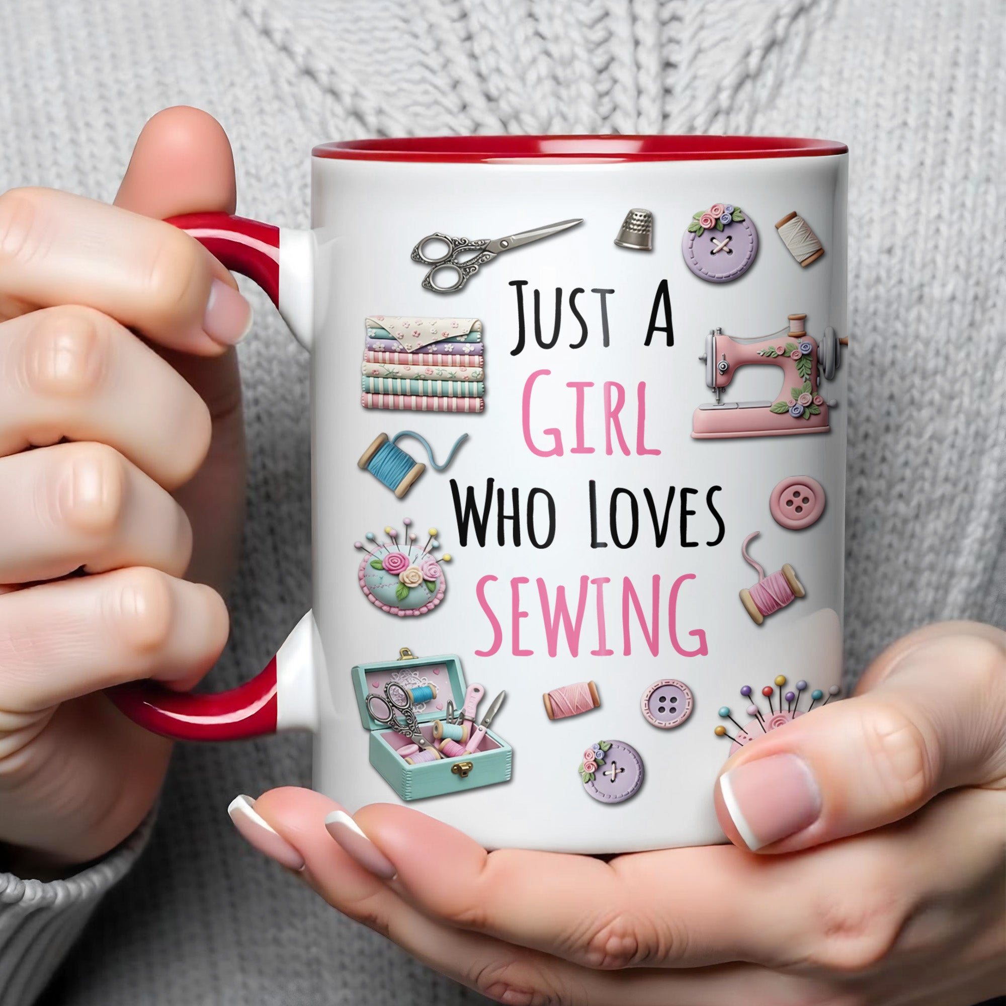 Personalized Just A Girl Who Loves Sewing With Scissors And Buttons Accent Mug Gift For Sewists - Image 5