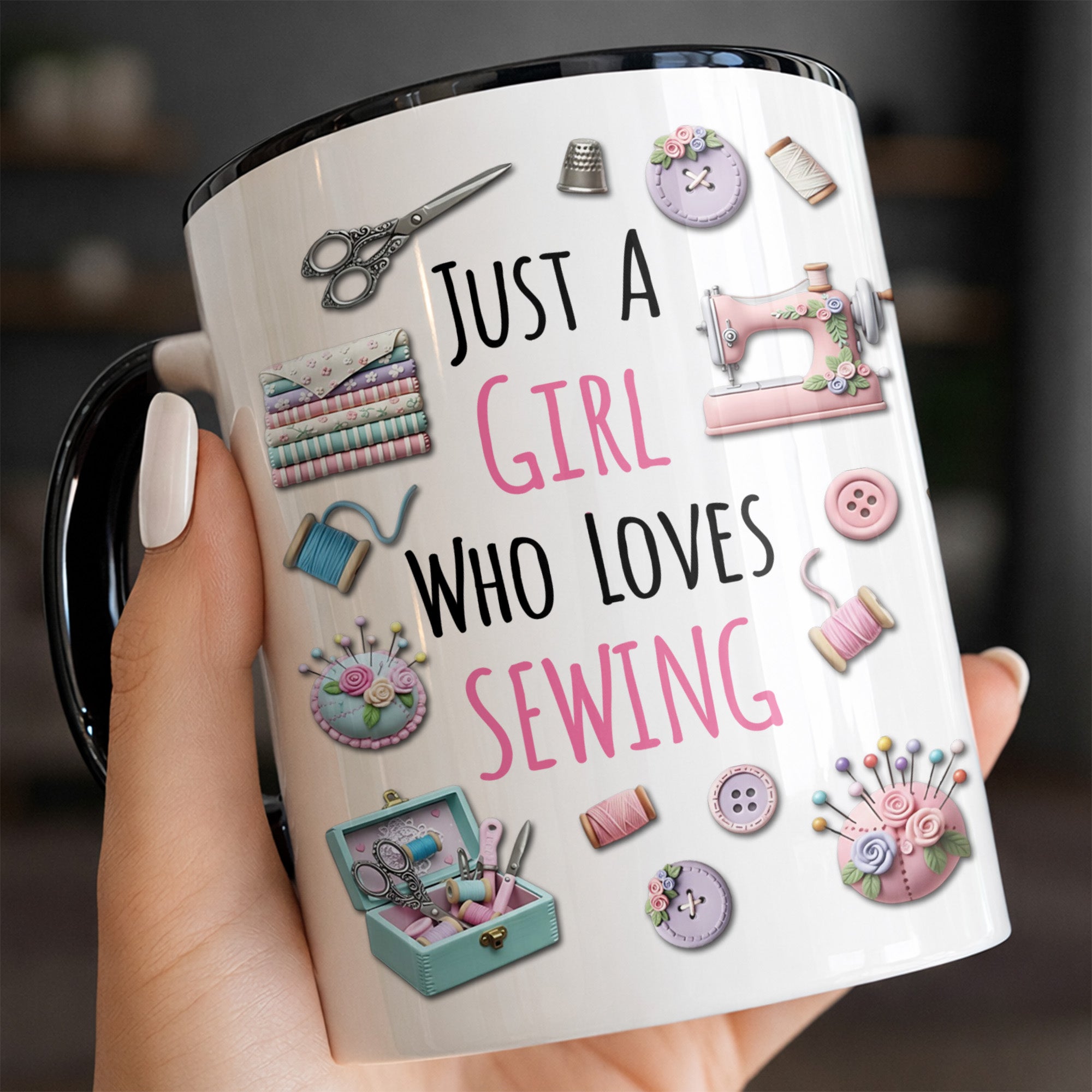 Personalized Just A Girl Who Loves Sewing With Scissors And Buttons Accent Mug Gift For Sewists